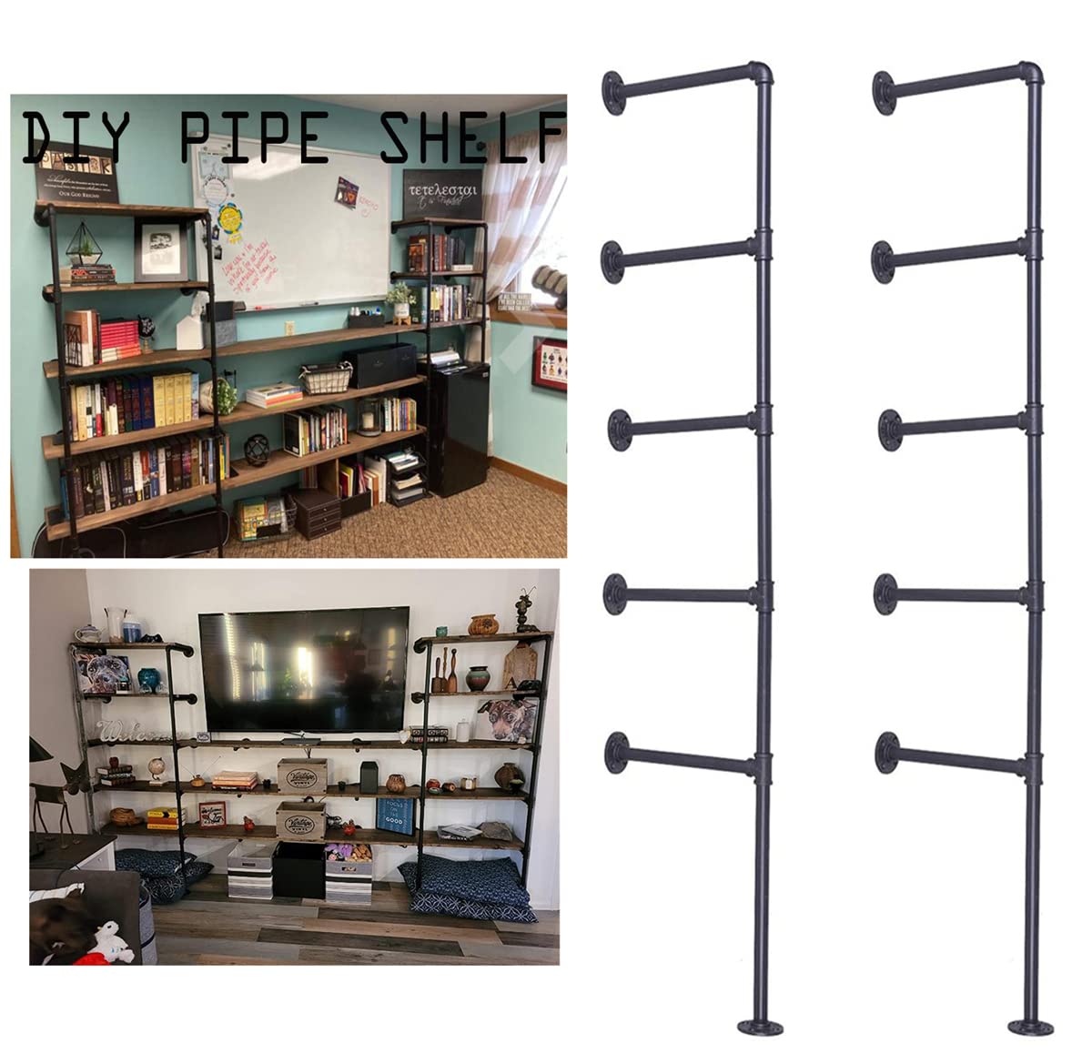 Black Iron Pipe Shelf Bracket, 2Pcs 5 Tier 70" Tall 12" Deep F68409