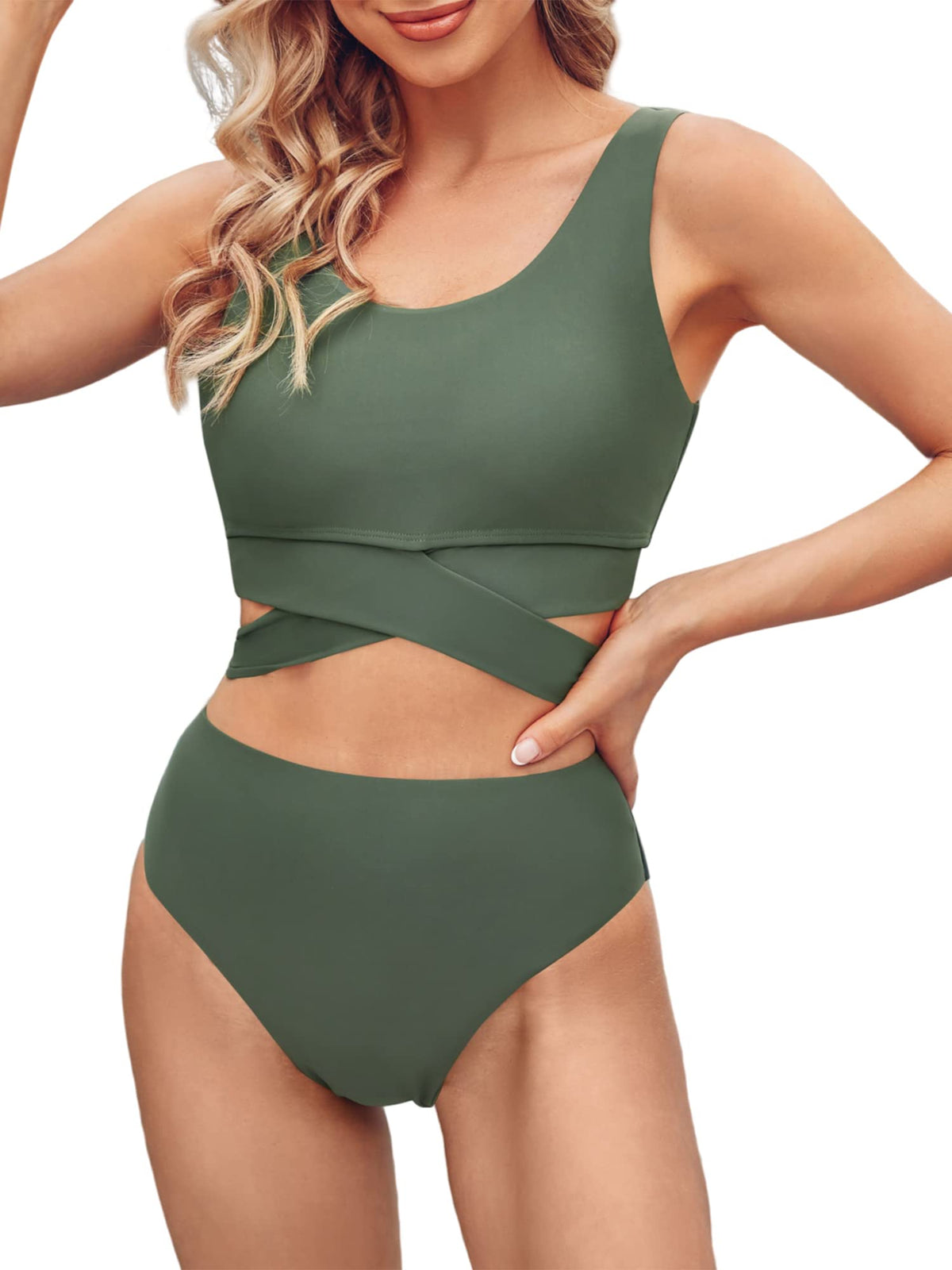 Scoop Neck High Waisted Two Piece Bikini Set U8628