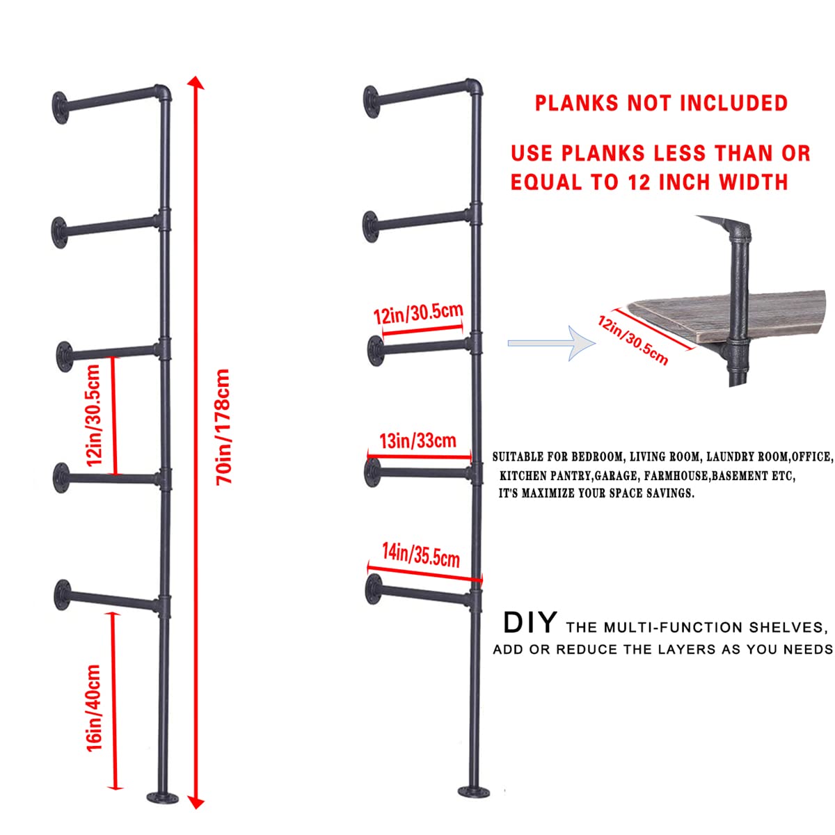 Black Iron Pipe Shelf Bracket, 2Pcs 5 Tier 70" Tall 12" Deep F68409