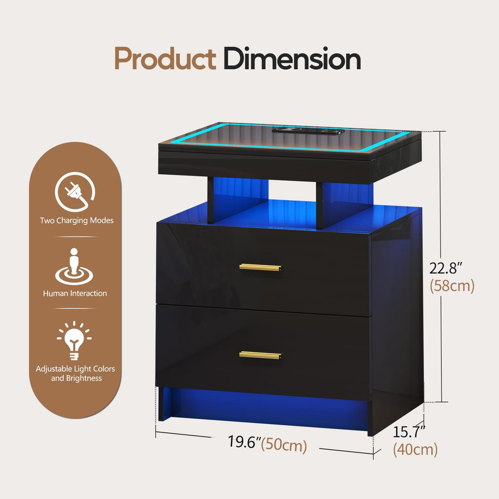 Black LED Nightstand with Wireless Charging Station A361125
