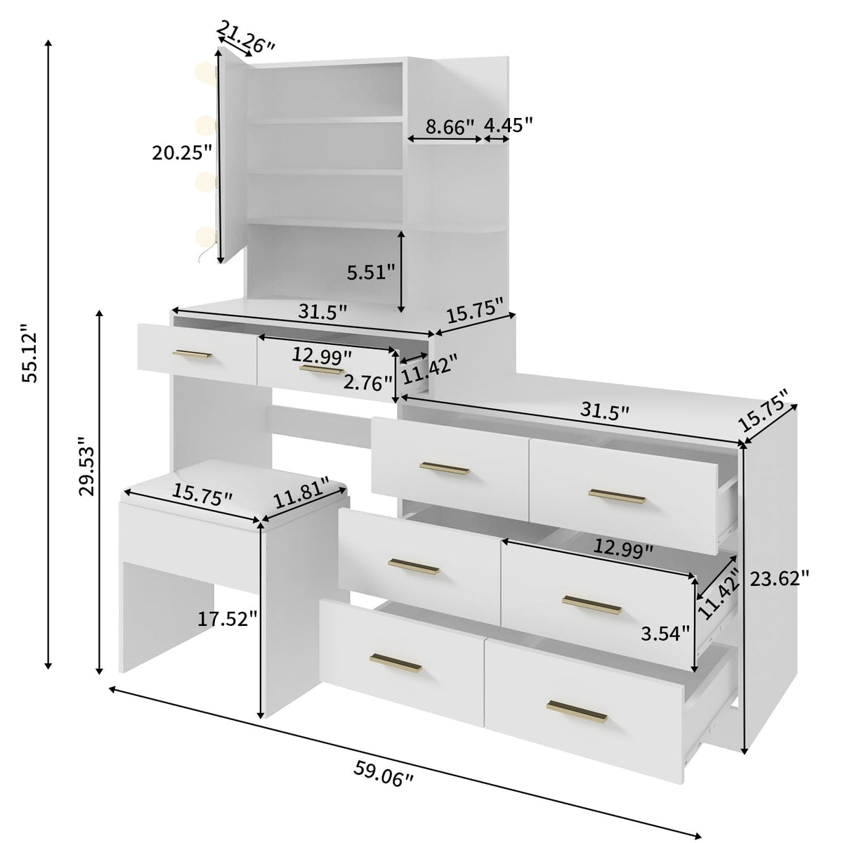White Makeup Vanity Desk Set with 8 Drawers F64376