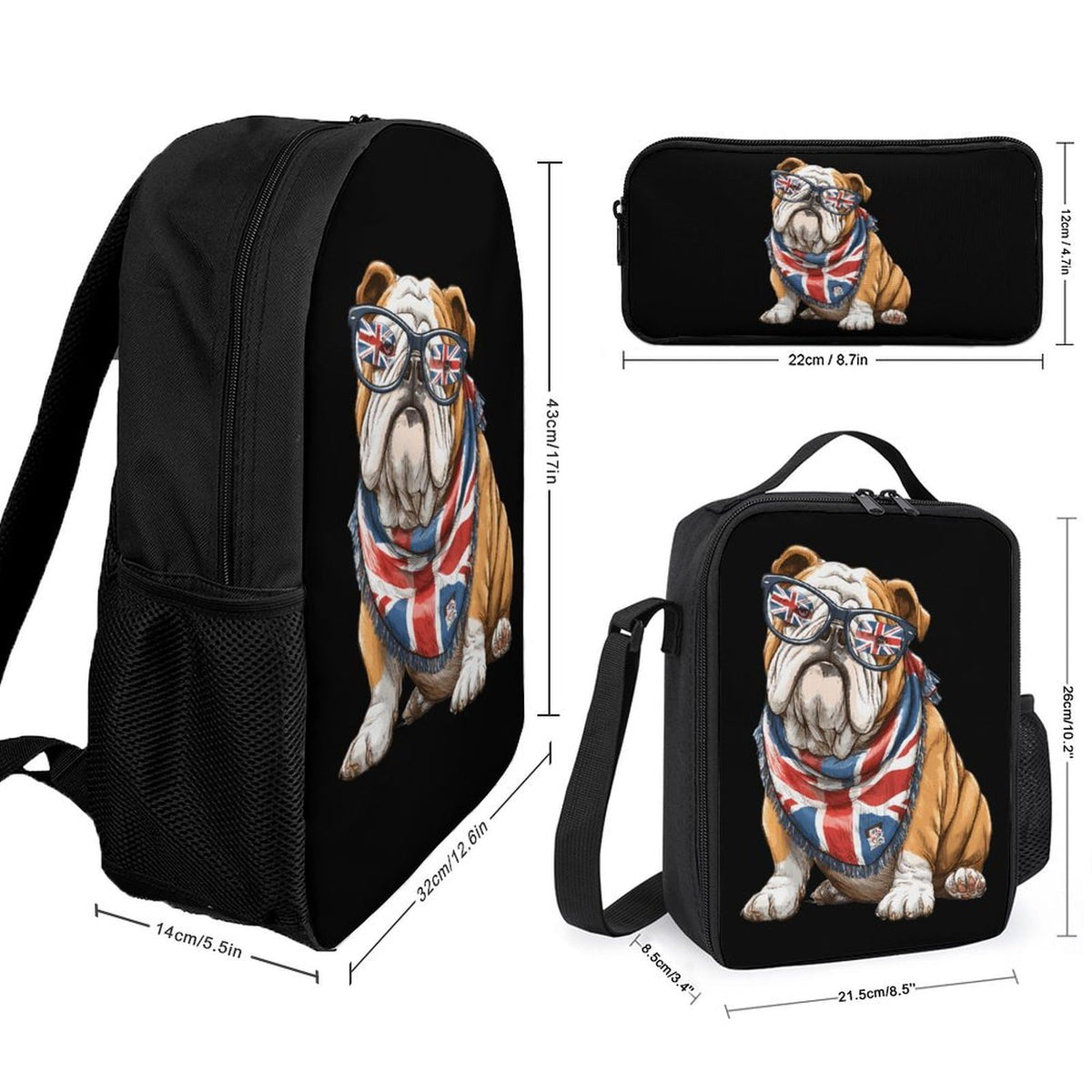 English Bulldog UK Flag Backpack with Lunch Box Pencil Case E3232