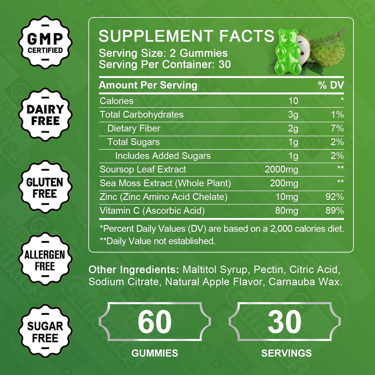Organic Soursop Graviola Gummies 2200mg with Sea Moss Zinc Vitamin C 60 Gummies M323108