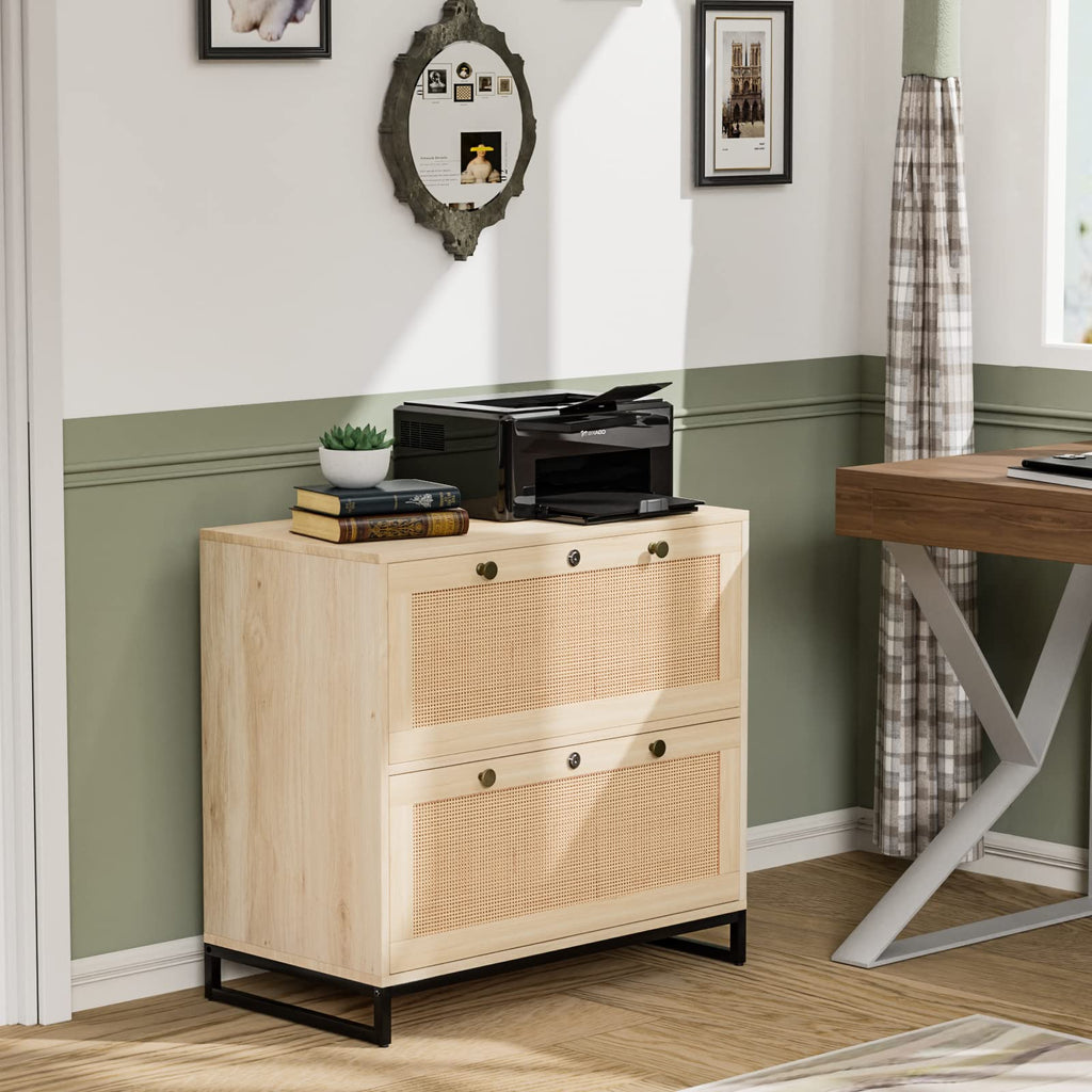 Oak Wood Rattan 2 Drawer Lateral File Cabinet with Lock C86536