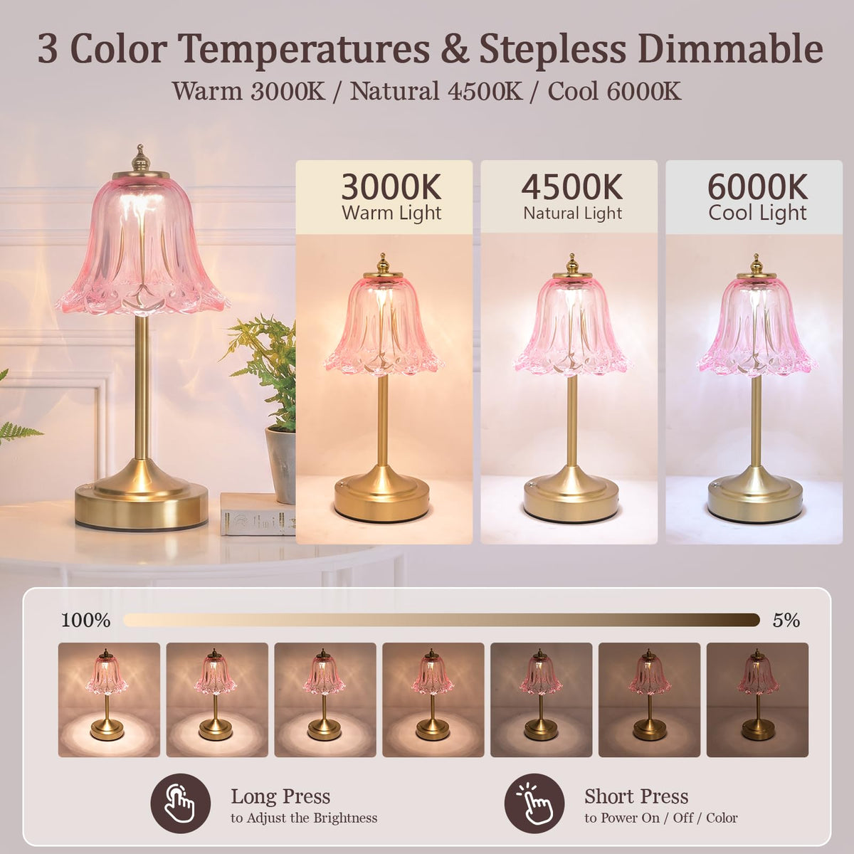 Pink Glass Tulip Flower Touch Lamp V31994