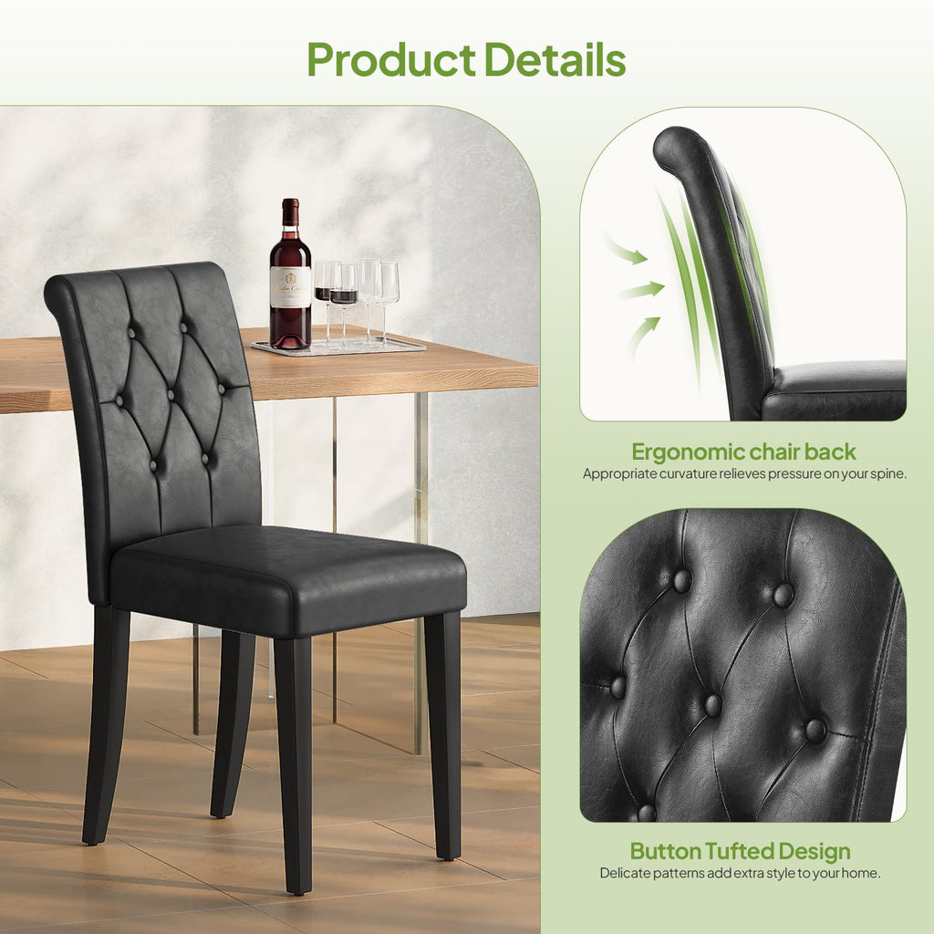 Upholstered Dining Chairs Set of 4 Tufted Wood Legs Jet Black A175