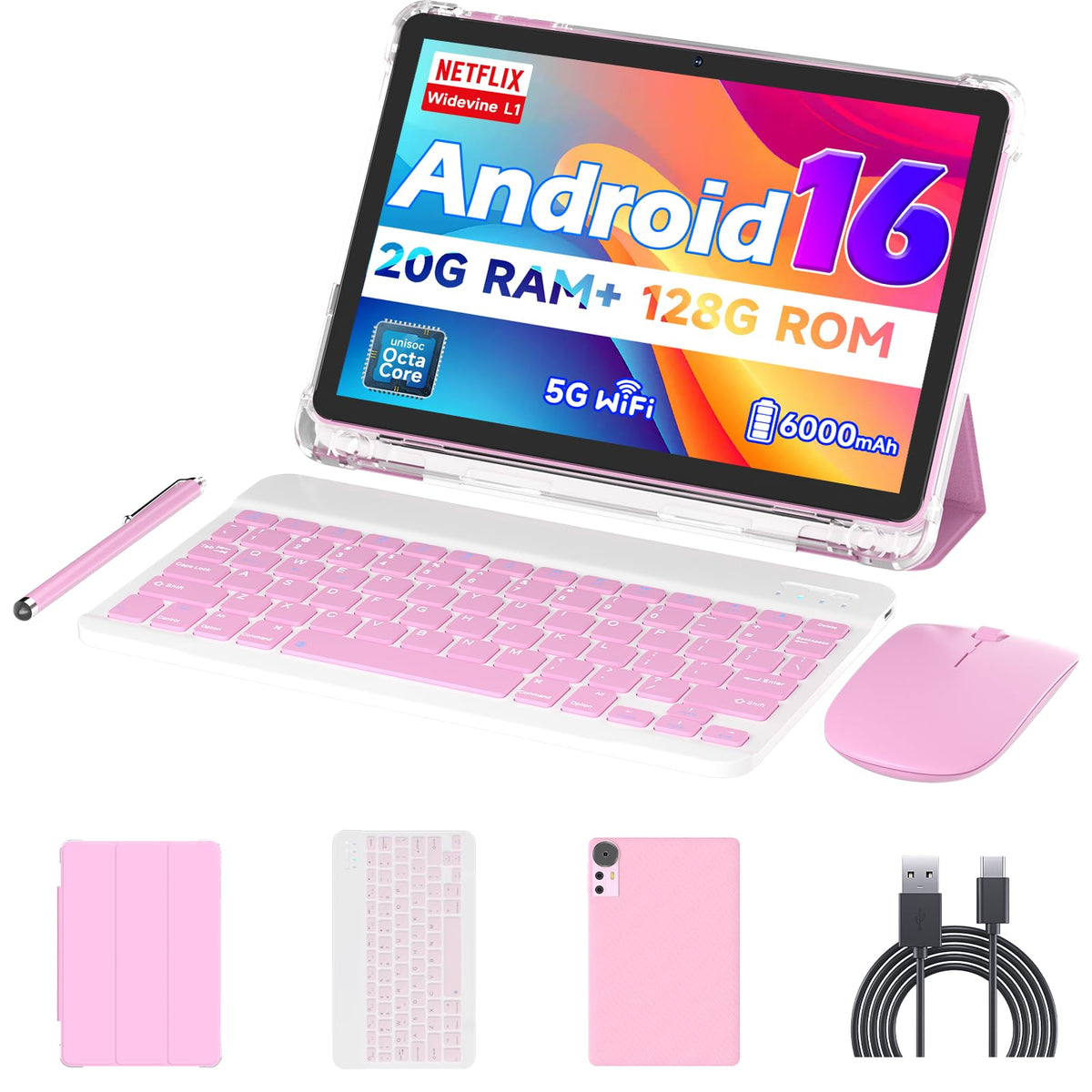 Android 16 Tablet 10 inch 20GB RAM 128GB ROM Octa-core Pink K650