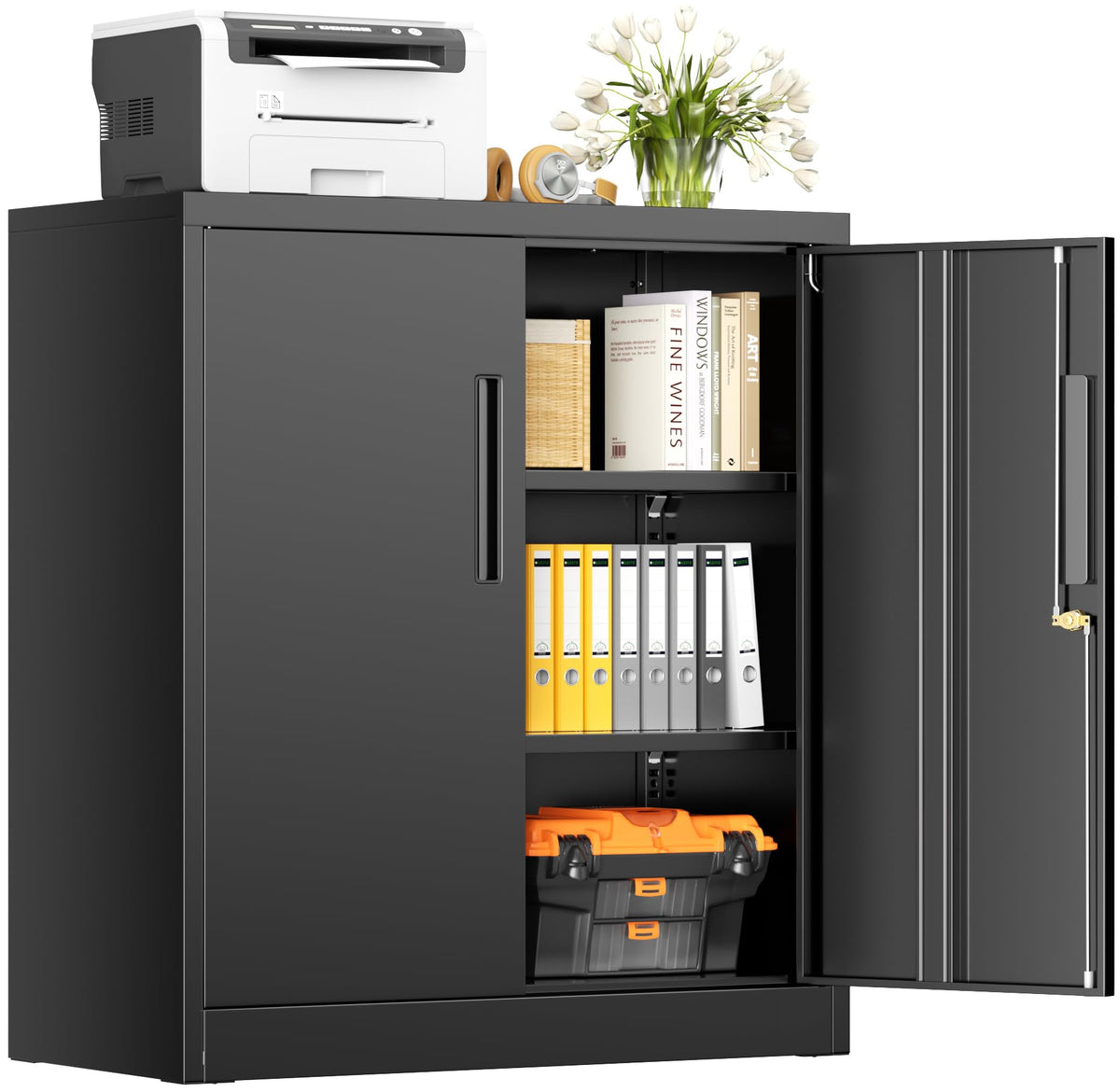 Black Metal Storage Cabinet with Locking Doors and Shelves N8485