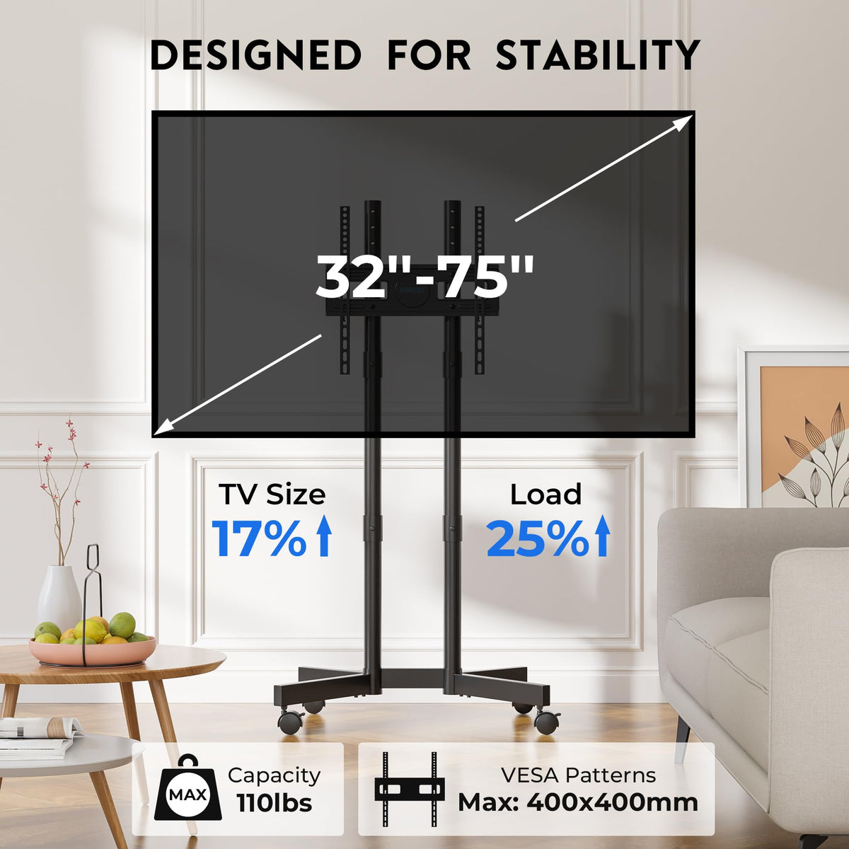 Black Rolling TV Stand for 32-75 Inch TVs R9395
