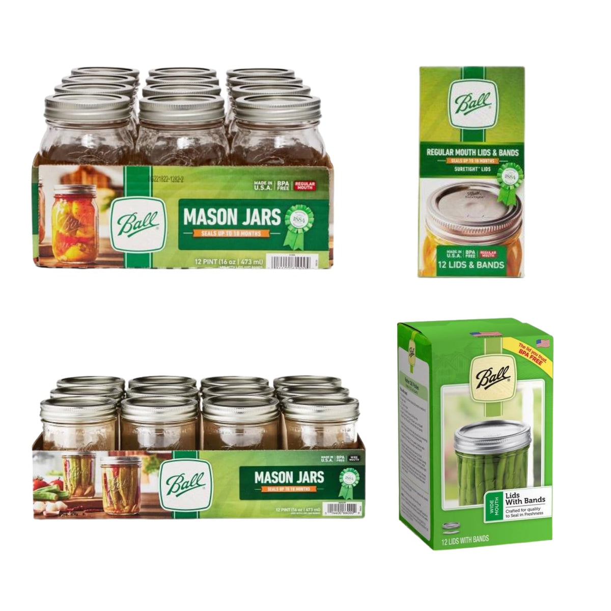 Glass Mason Jars, Pint Size 16 Ounce, Wide Mouth and Regular Mouth with Lids & Bands N285