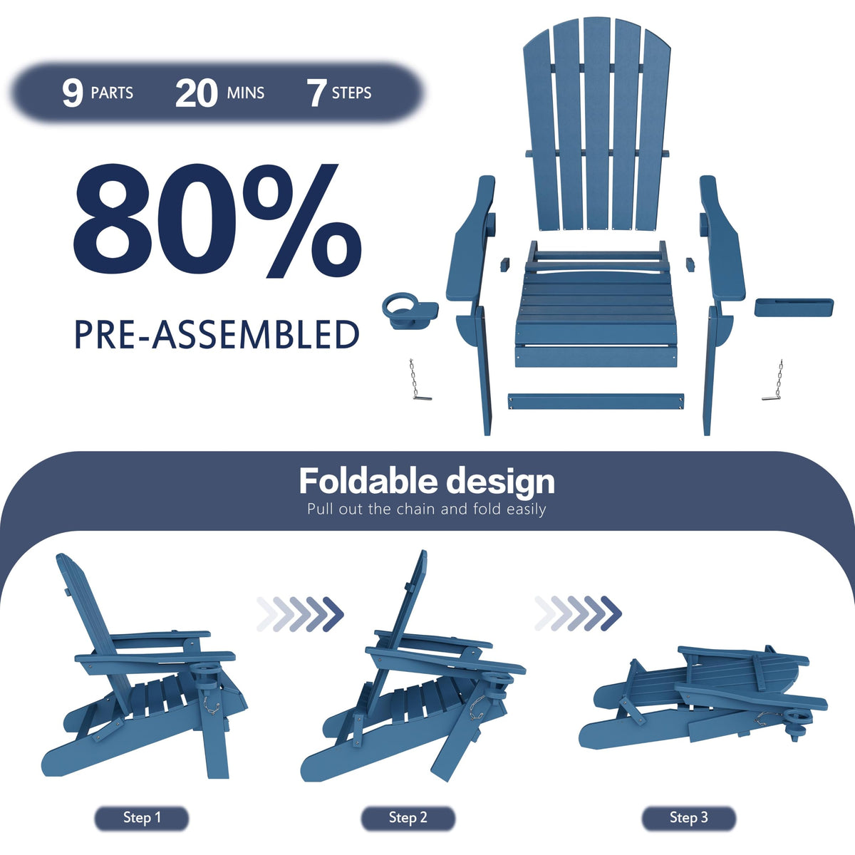 Folding Adirondack Chair Set of 2 with Cup Holder Navy Blue P12144