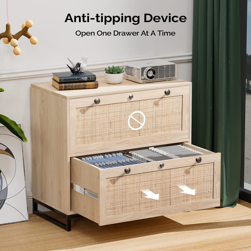 Oak Wood Rattan 2 Drawer Lateral File Cabinet with Lock C86536