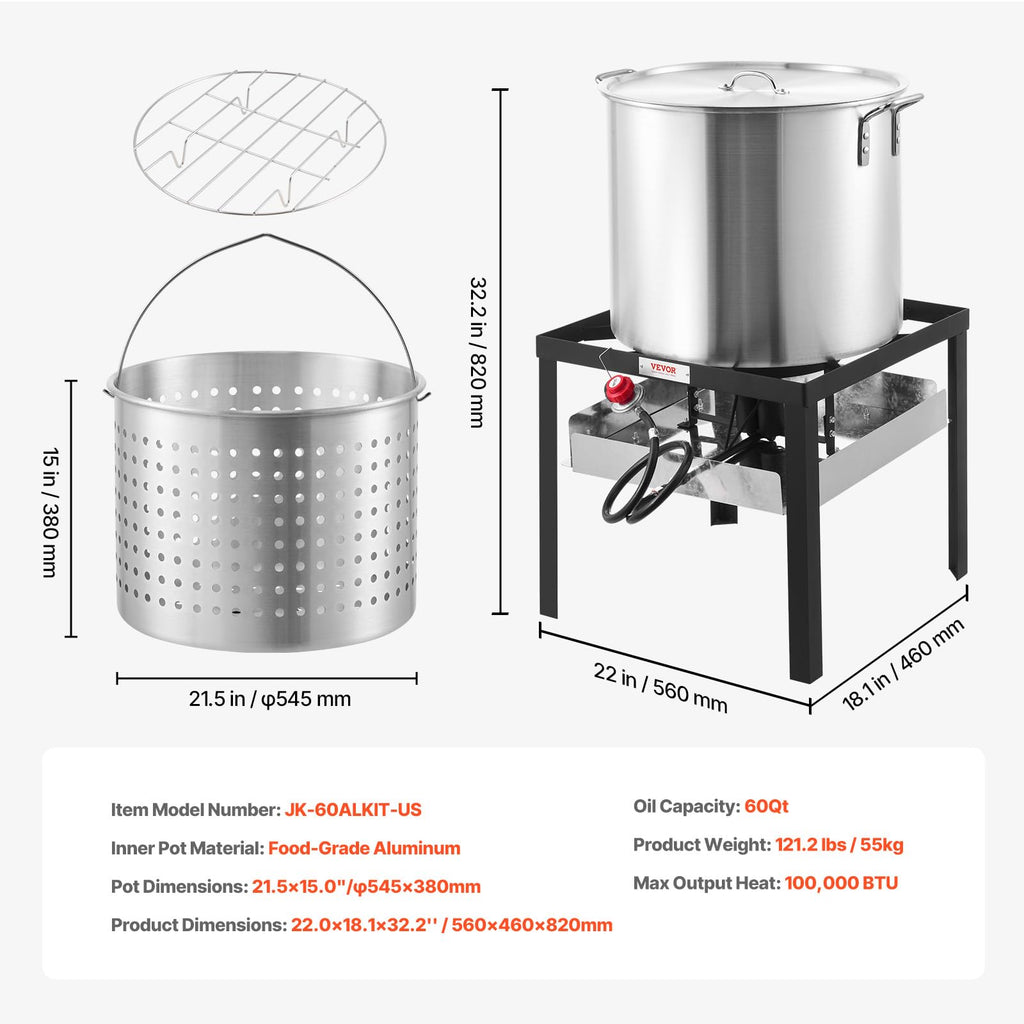 60 Qt Aluminum Seafood Boiling Pot with Strainer and Burner W656