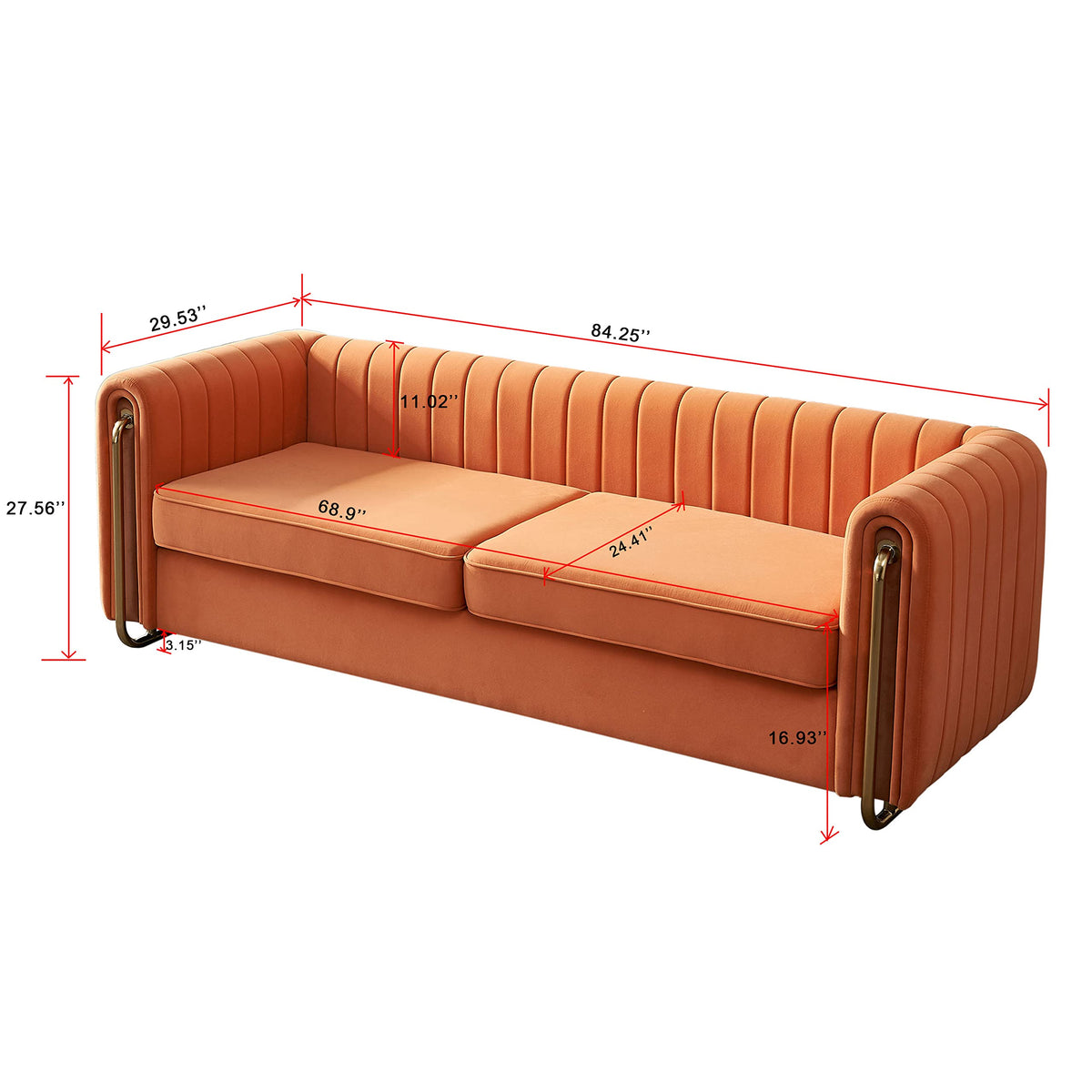 Orange Velvet 3-Seater Sofa with Rolled Arms T81996