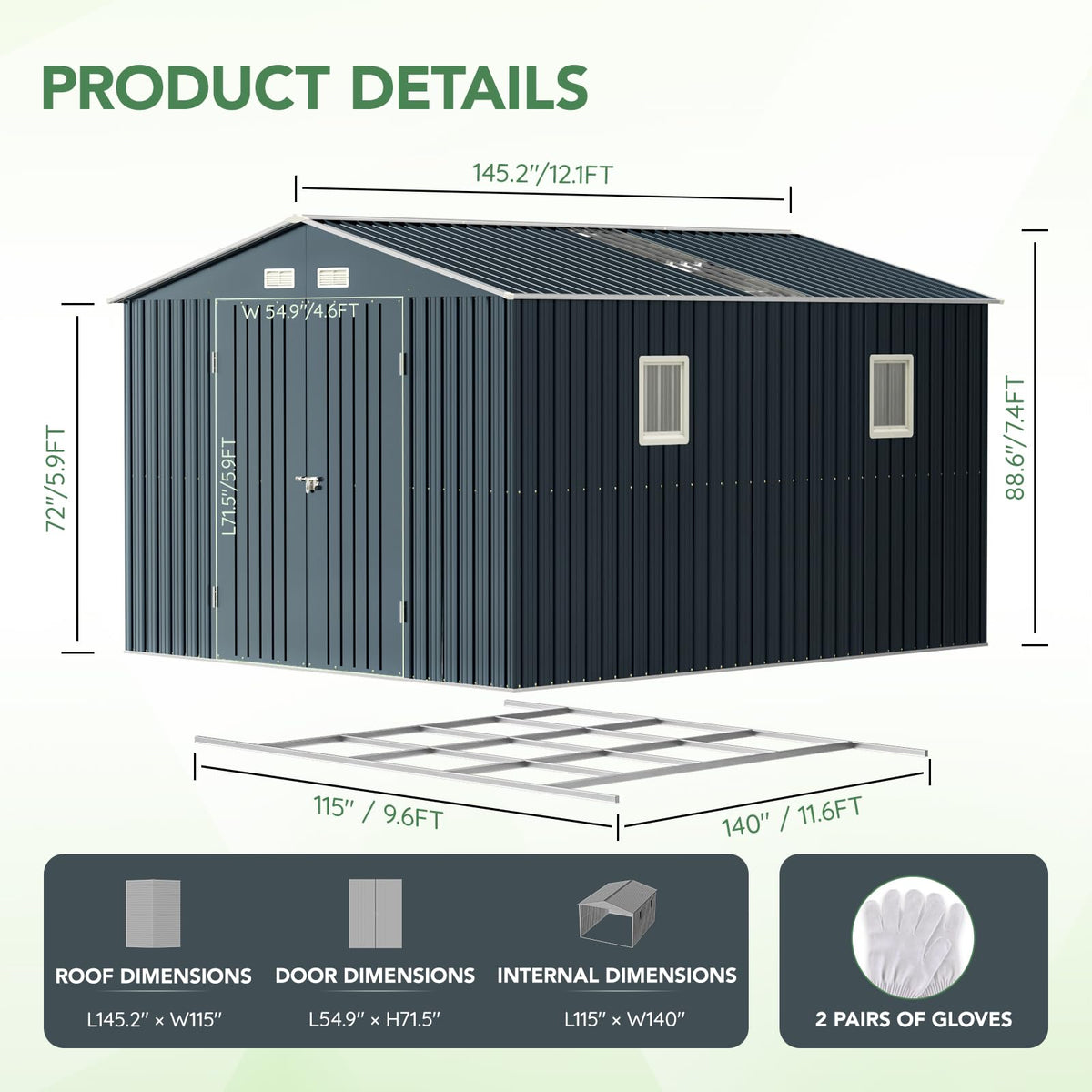 10x12X7.5FT Outdoor Steel Storage Shed with Lockable Doors and Frame Floor J62711