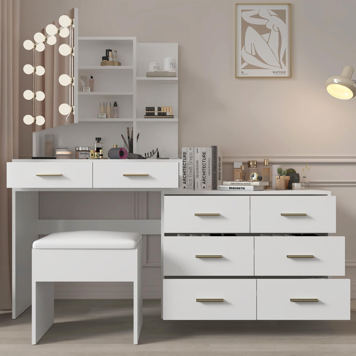 White Makeup Vanity Desk Set with 8 Drawers F64376