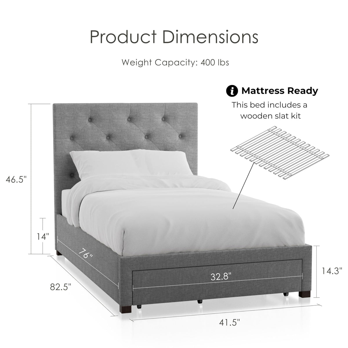 Gray Upholstered Twin Platform Bed with Storage Drawer W916