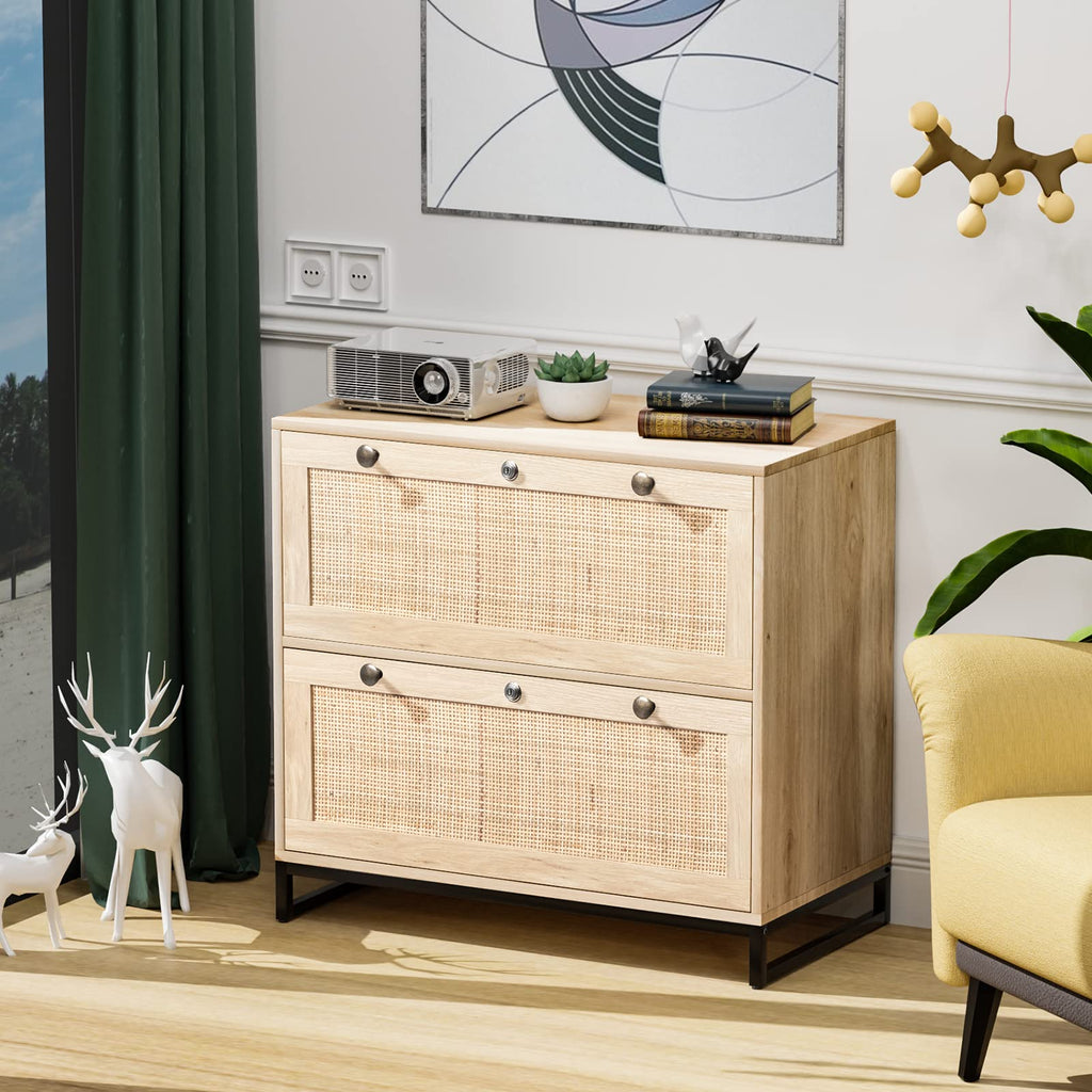 Oak Wood Rattan 2 Drawer Lateral File Cabinet with Lock C86536