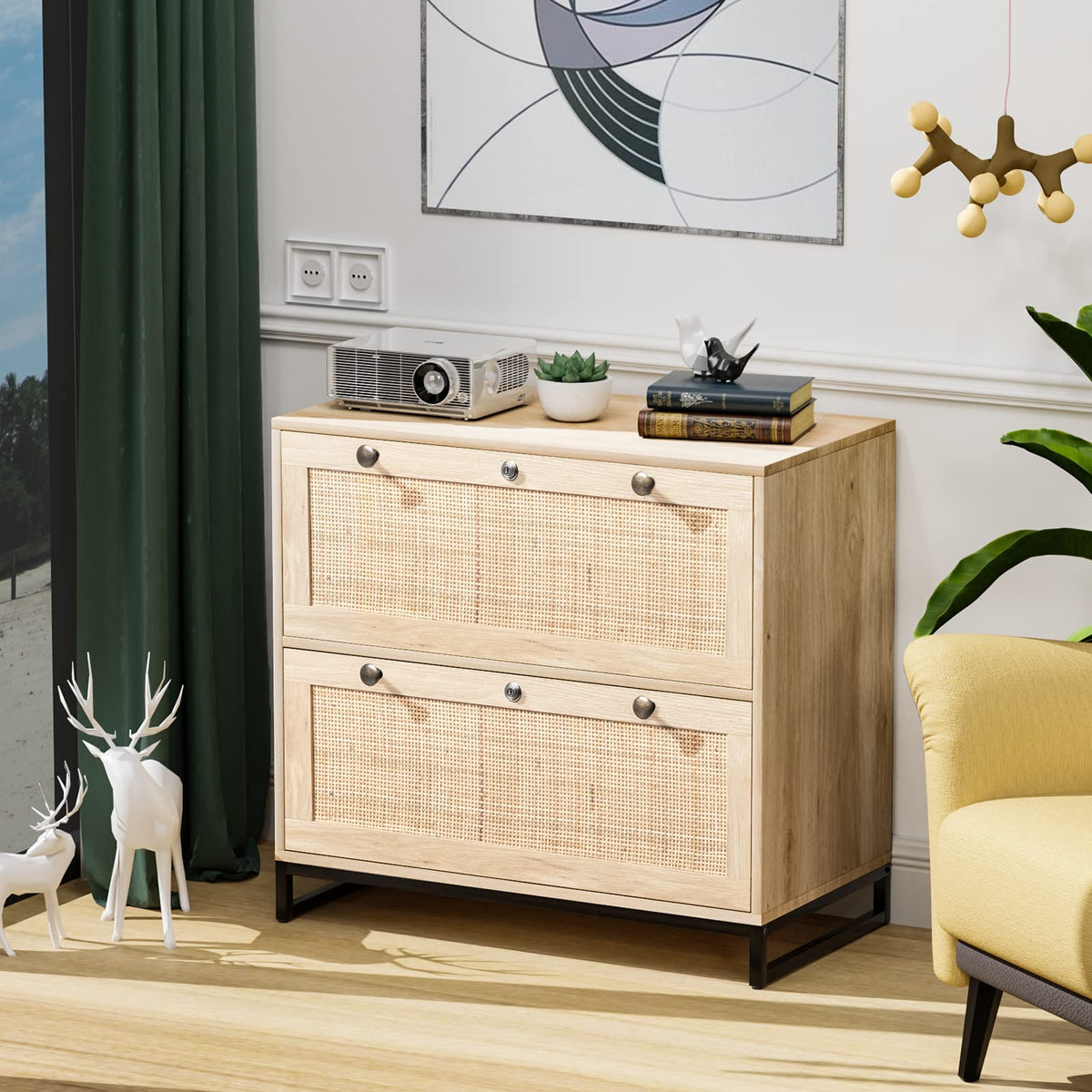 Oak Wood Rattan 2 Drawer Lateral File Cabinet with Lock C86536