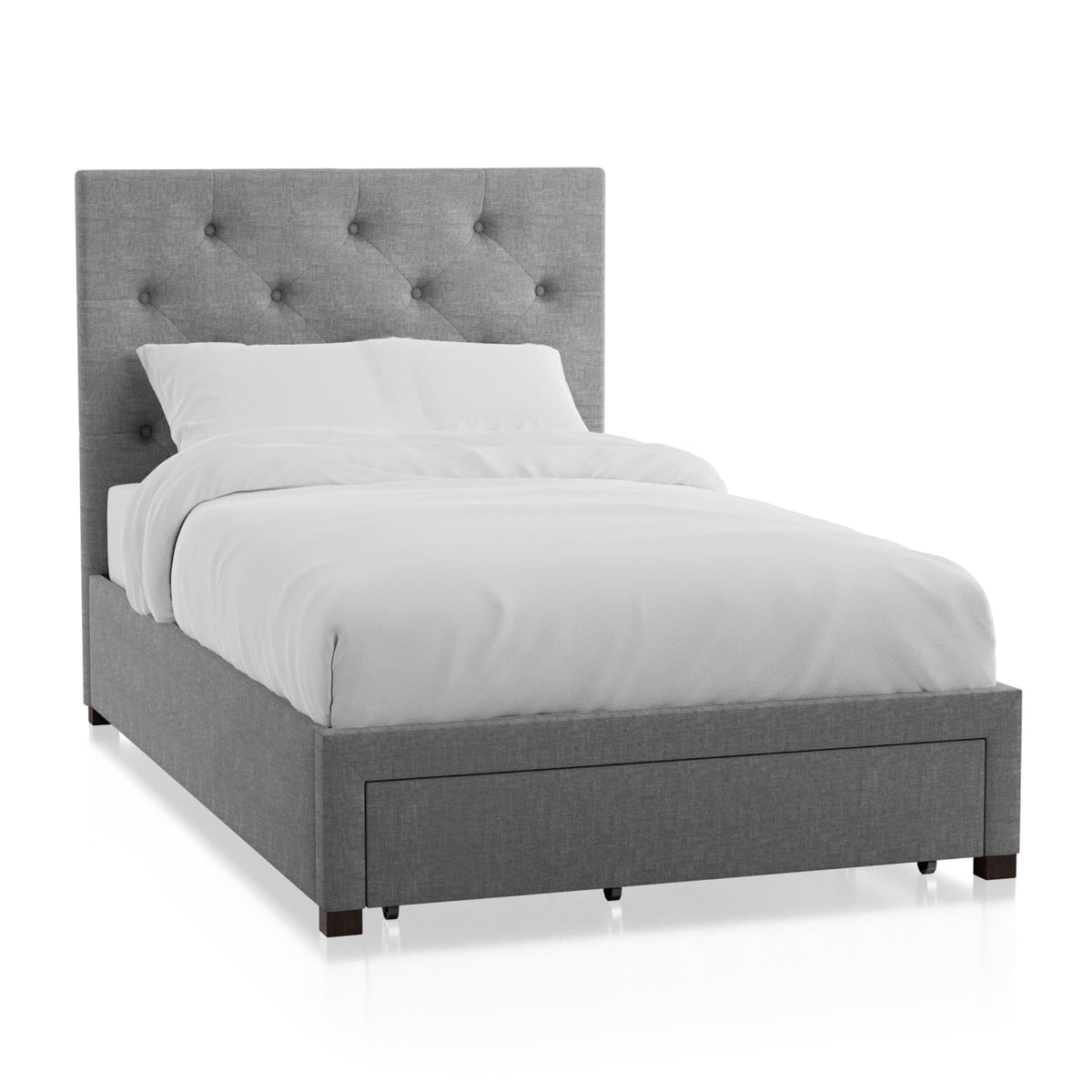 Gray Upholstered Twin Platform Bed with Storage Drawer W916