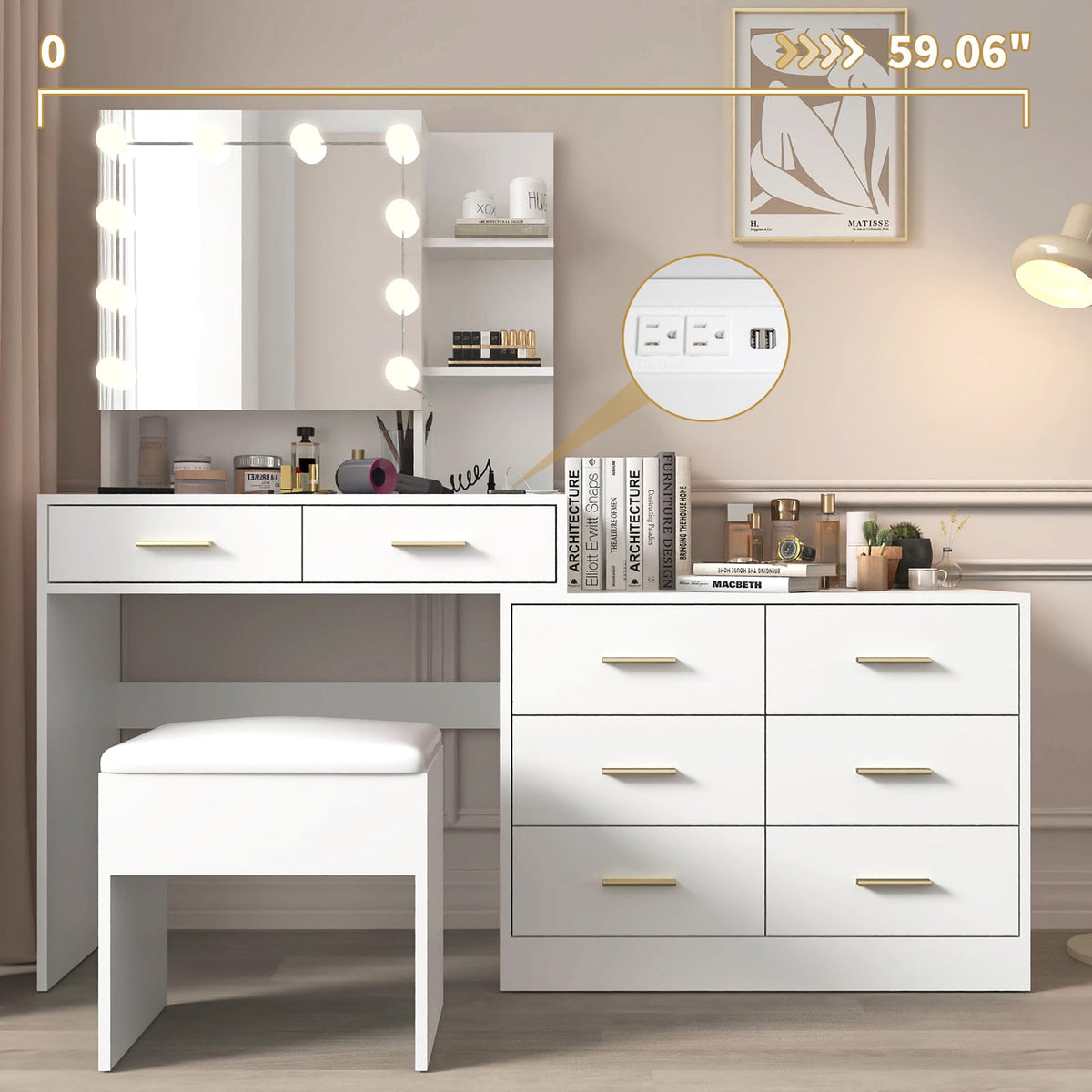 White Makeup Vanity Desk Set with 8 Drawers F64376
