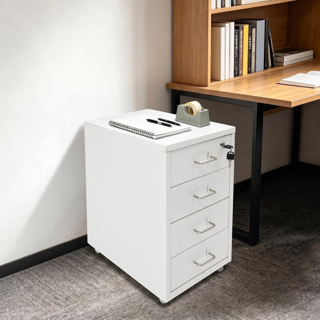 White 4-Drawer Mobile File Cabinet with Lock K663