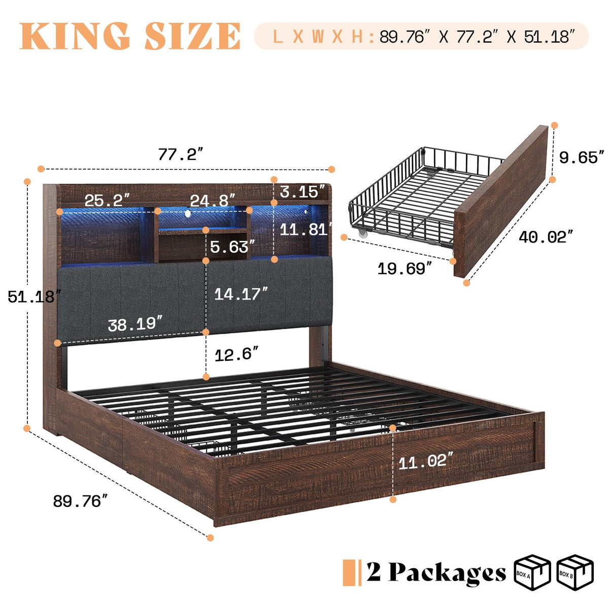 King Brown Storage Bed with Bookcase Headboard & Drawer B4945