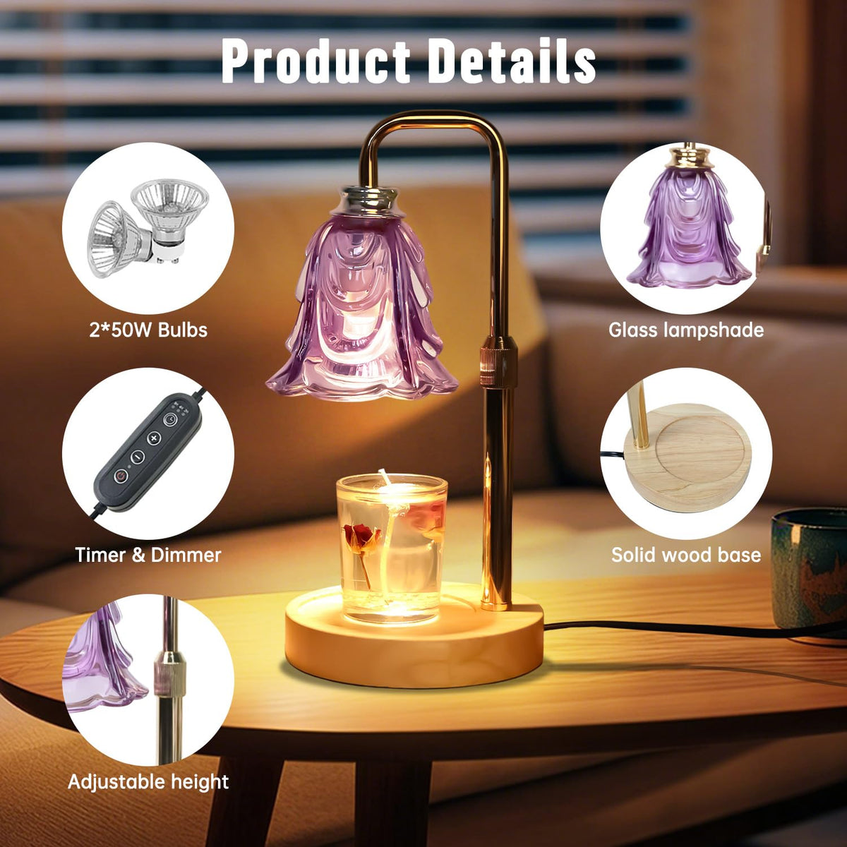 Adjustable Height Dimmable Candle Warmer Lamp with Timer O4059