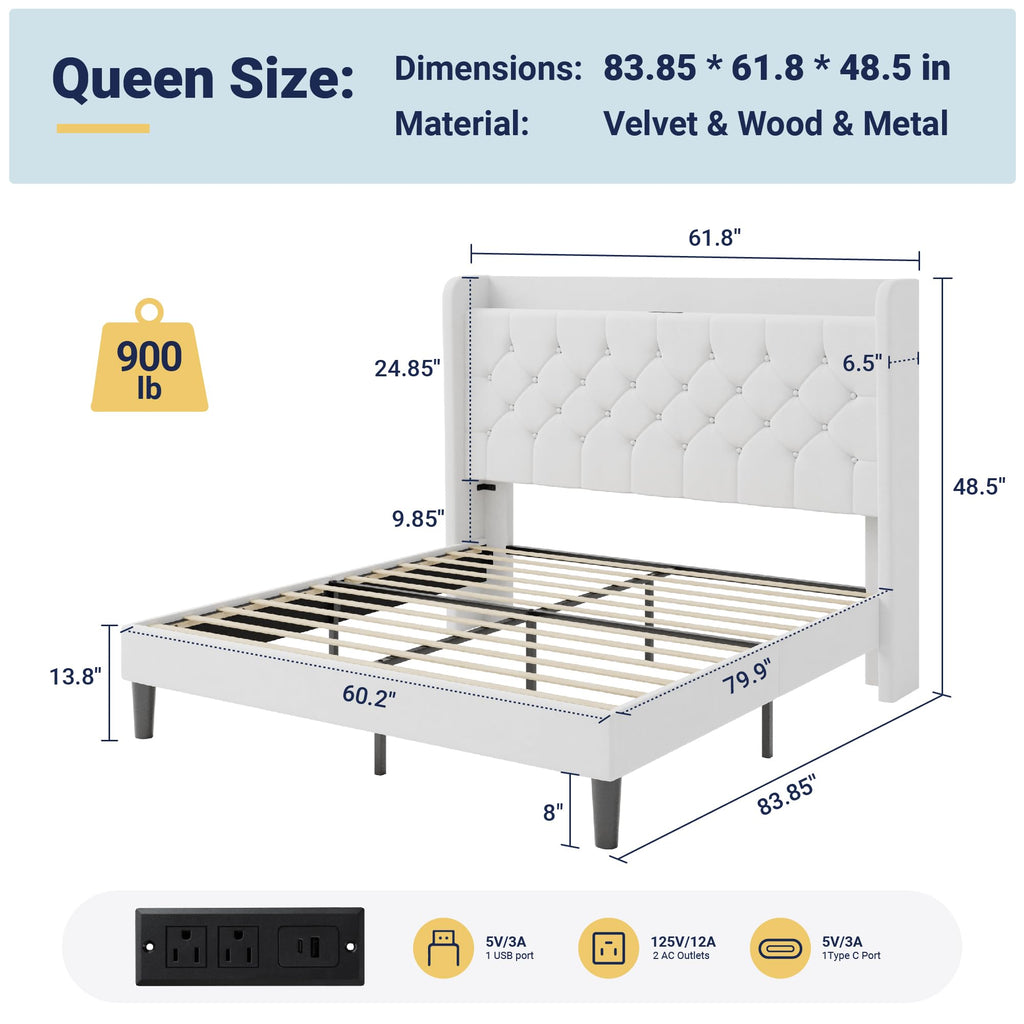 Queen Bed Frame with Storage Headboard and Charging Station H66945