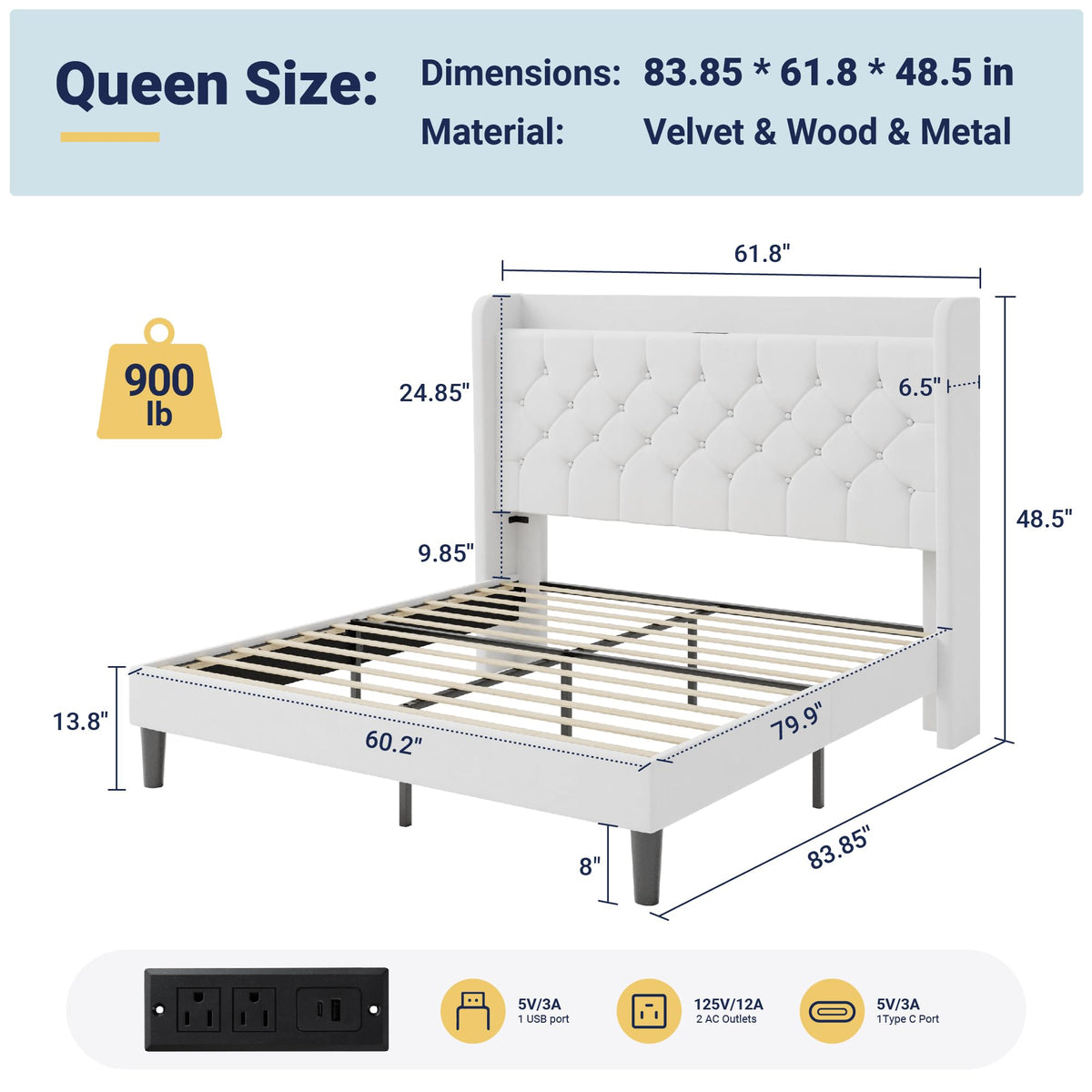 Queen Bed Frame with Storage Headboard and Charging Station H66945
