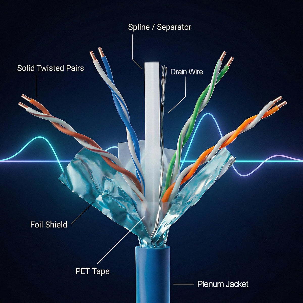 Cat6 Plenum Shielded 1000ft 23AWG Solid Bare Copper Ethernet Cable A3601
