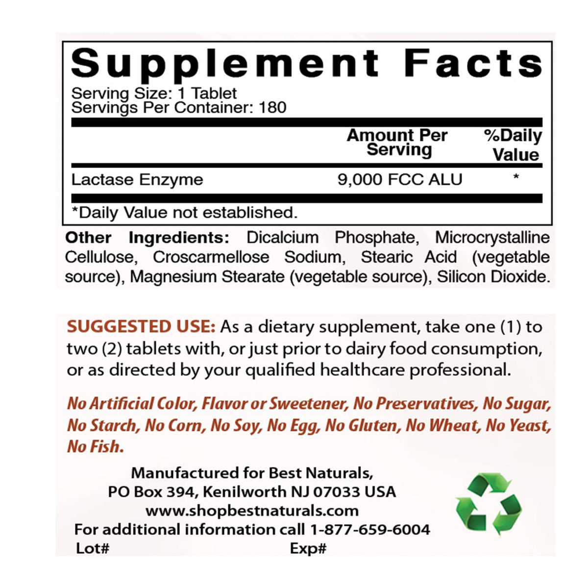 Lactose Intolerance Relief Tablets with Lactase Enzyme, 180 Count L38242