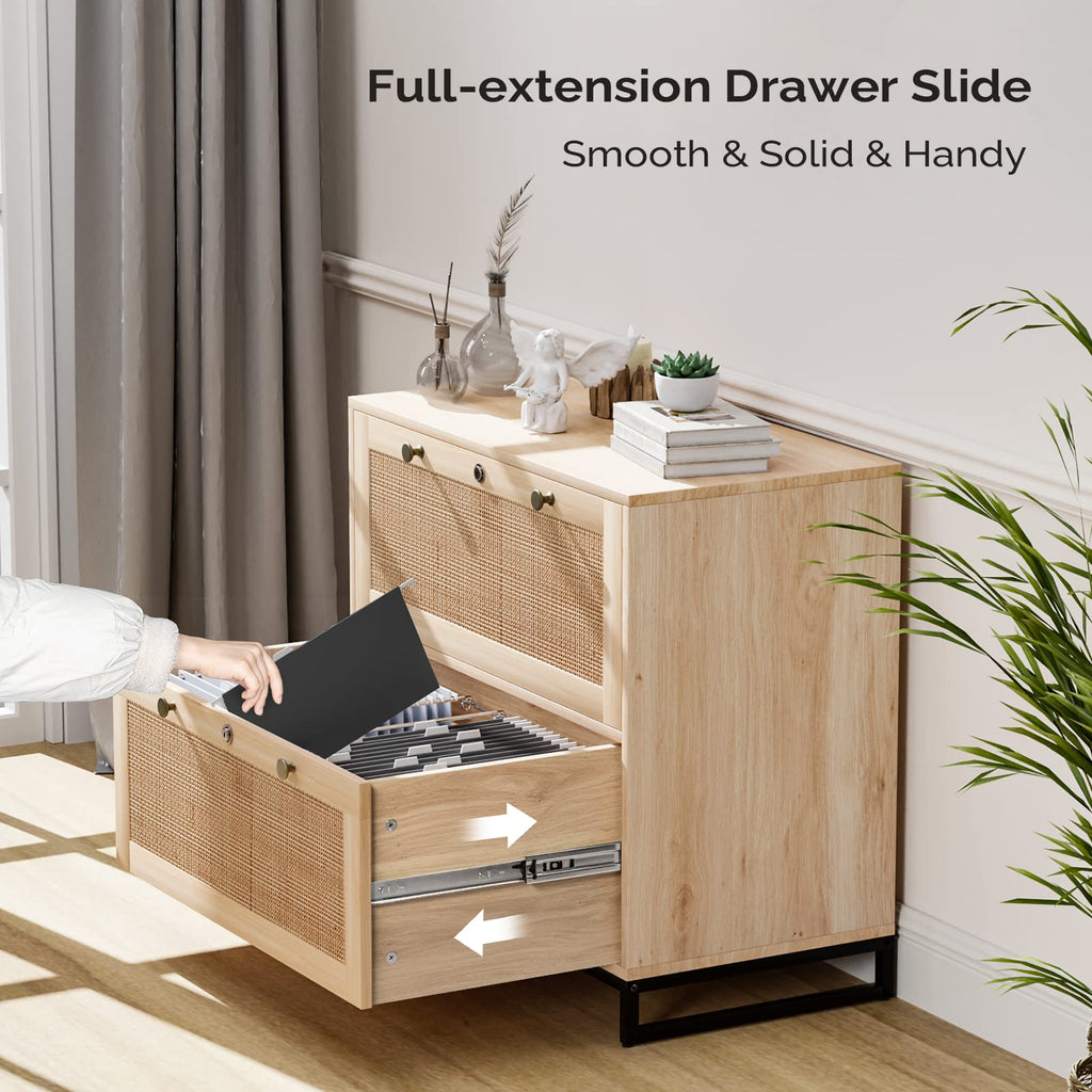 Oak Wood Rattan 2 Drawer Lateral File Cabinet with Lock C86536