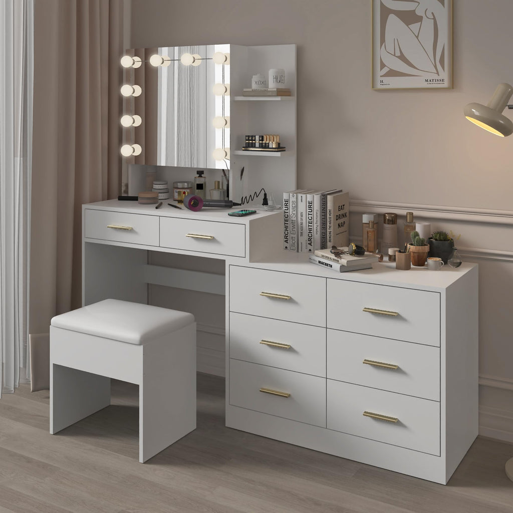 White Makeup Vanity Desk Set with 8 Drawers F64376