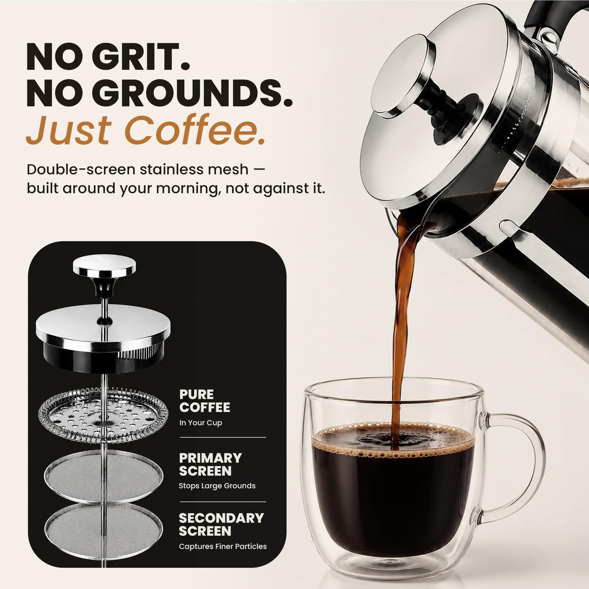 French Press Coffee Maker 34oz Chrome Borosilicate Glass K774