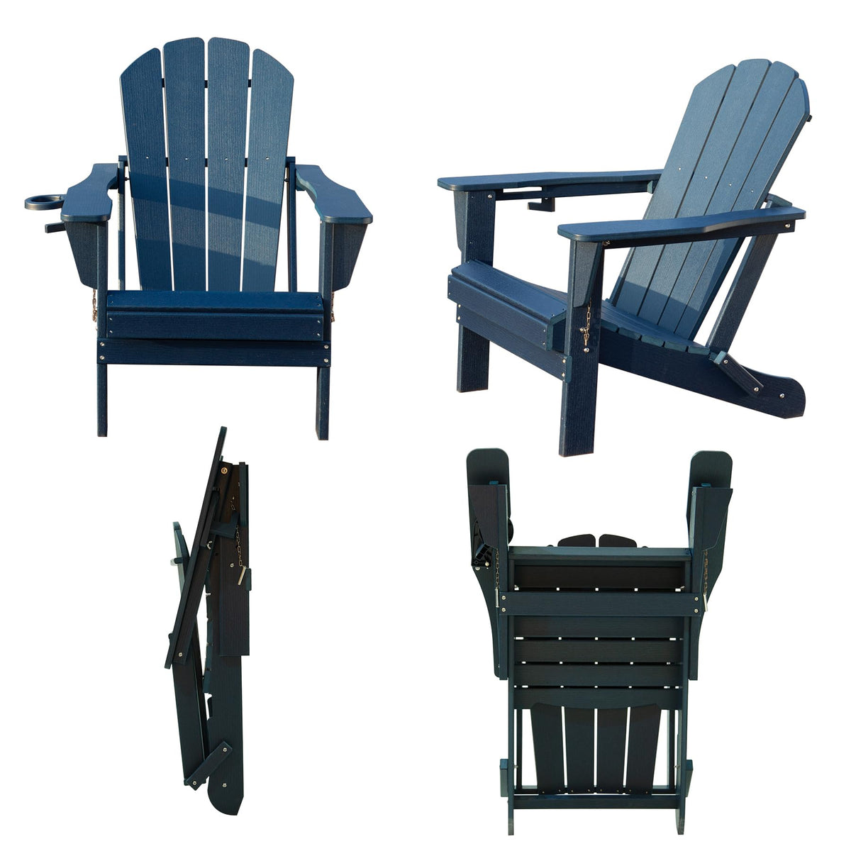 Folding Adirondack Chairs Set of 2 HDPE with Cup Holder Dark Blue S159