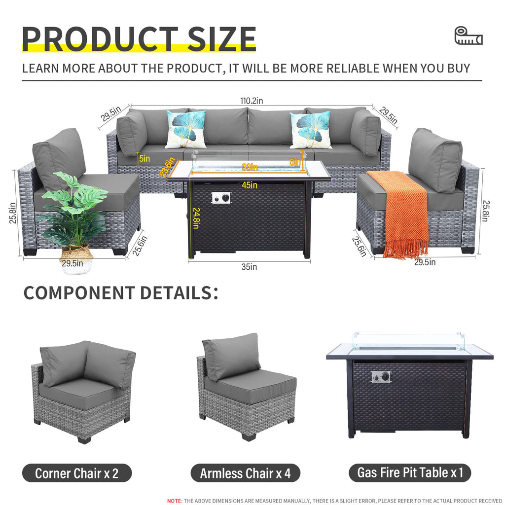 7 Pieces Wicker Patio Furniture Set with Fire Pit Table N692