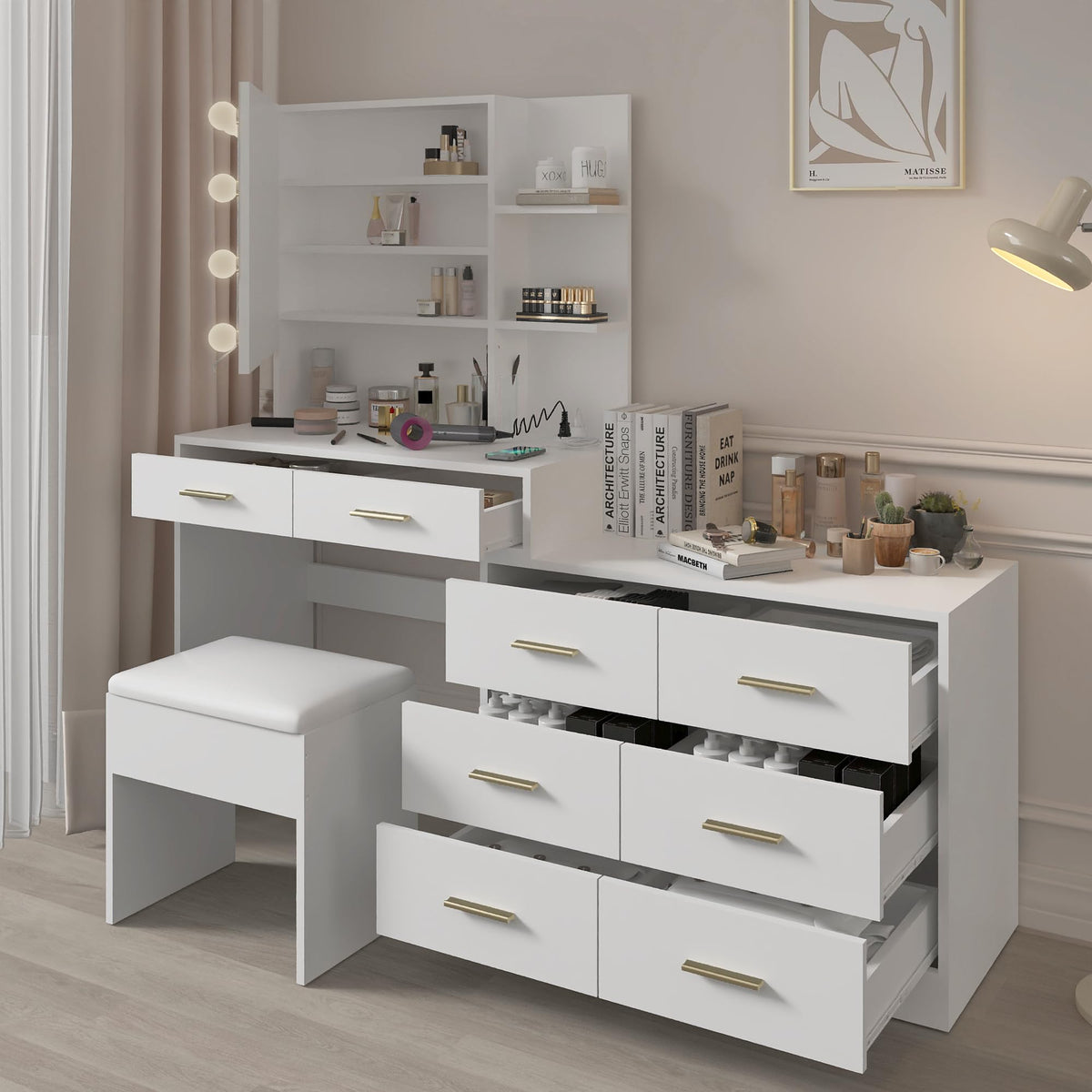 White Makeup Vanity Desk Set with 8 Drawers F64376
