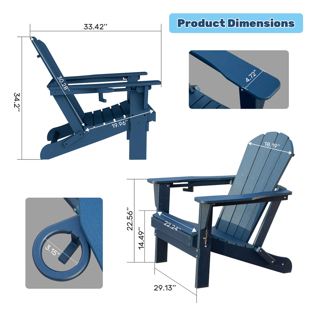 Folding Adirondack Chairs Set of 2 HDPE with Cup Holder Dark Blue S159