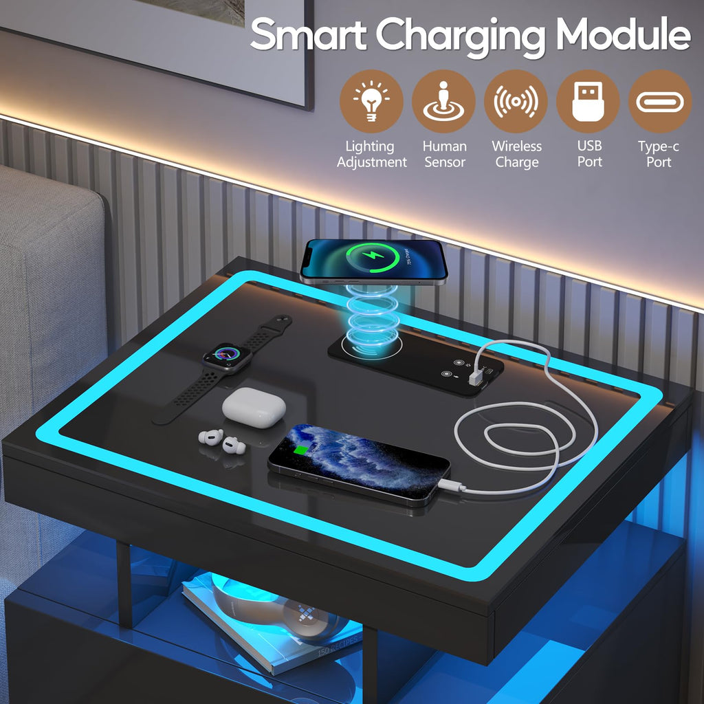 Black LED Nightstand with Wireless Charging Station A361125
