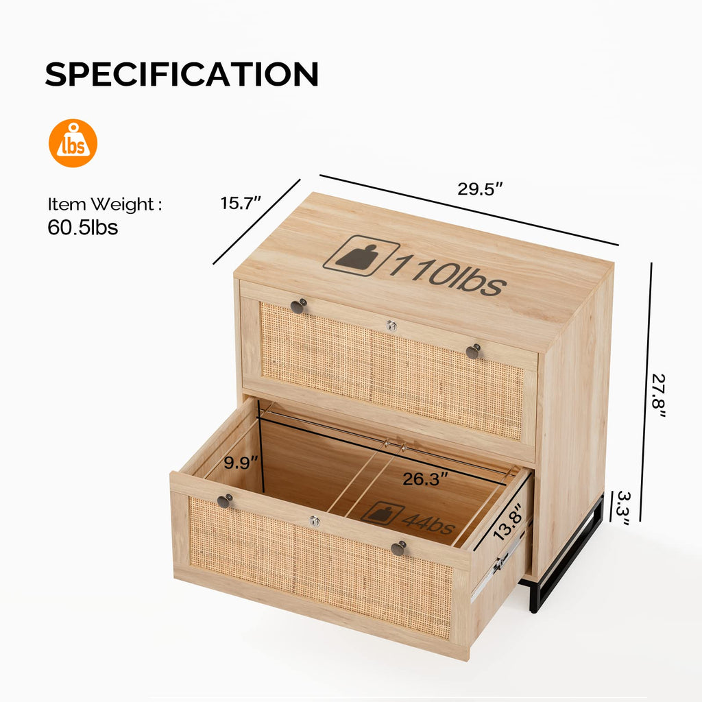 Oak Wood Rattan 2 Drawer Lateral File Cabinet with Lock C86536