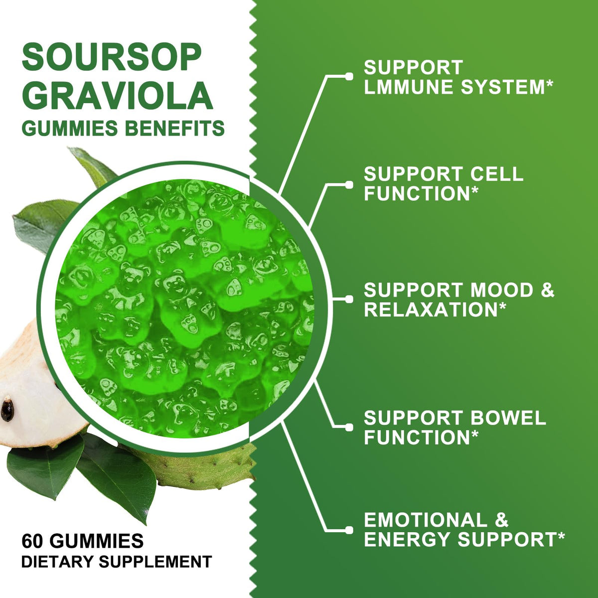 Organic Soursop Graviola Gummies 2200mg with Sea Moss Zinc Vitamin C 60 Gummies M323108
