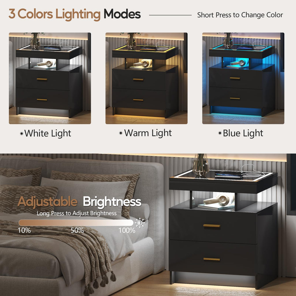 Black LED Nightstand with Wireless Charging Station A361125