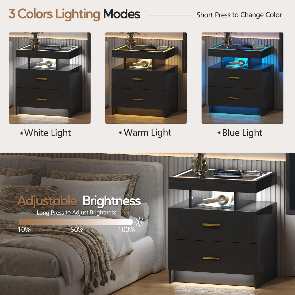Black LED Nightstand with Wireless Charging Station A361125