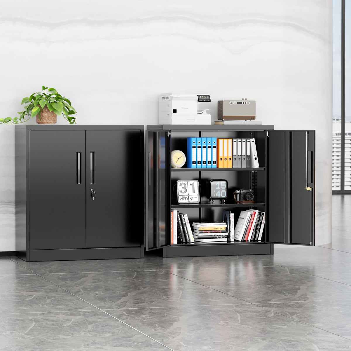 Black Metal Storage Cabinet with Locking Doors and Shelves N8485