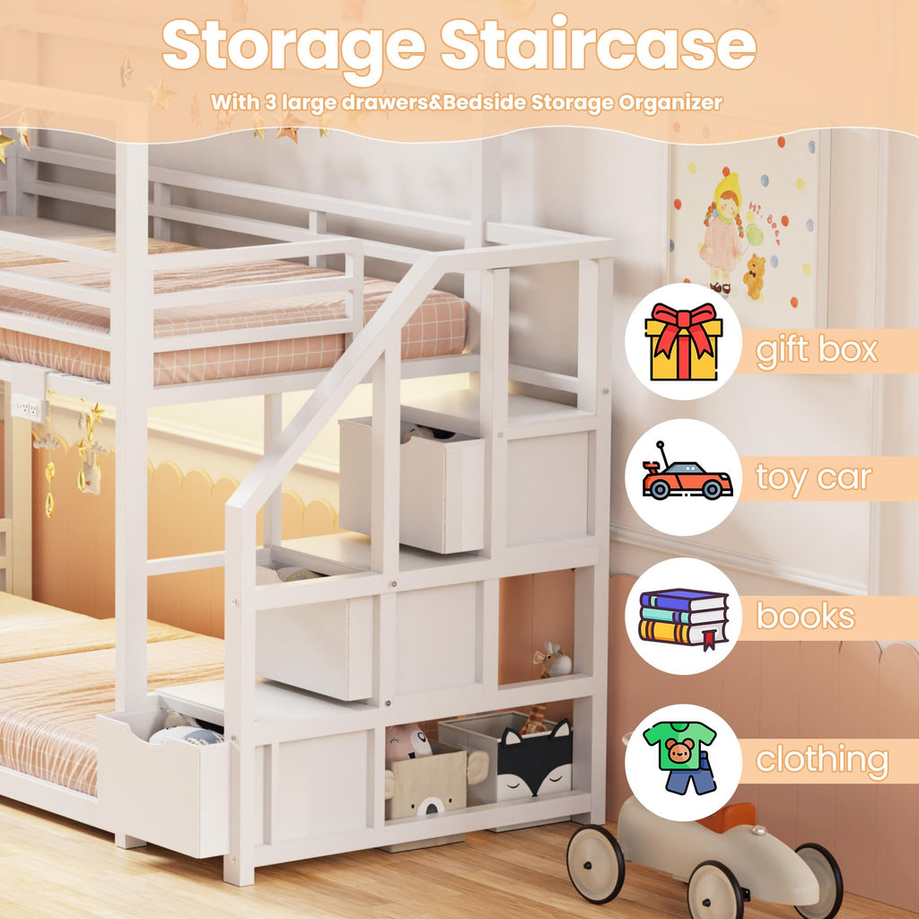White Twin Over Twin Bunk Bed with Storage Stairs L21742