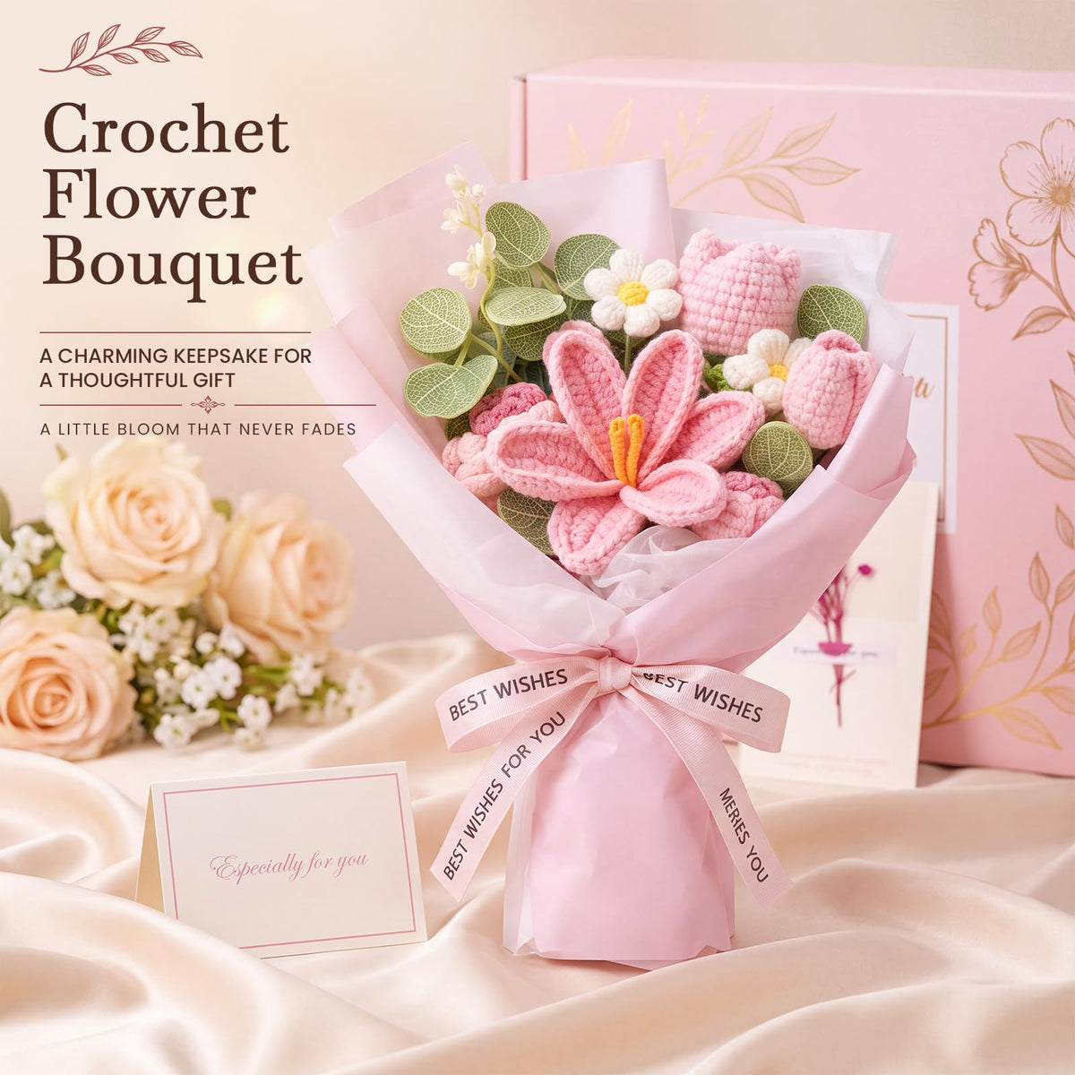 10 PCS Pink Gift Basket with Blanket, Tumbler & Crochet Flowers B8628