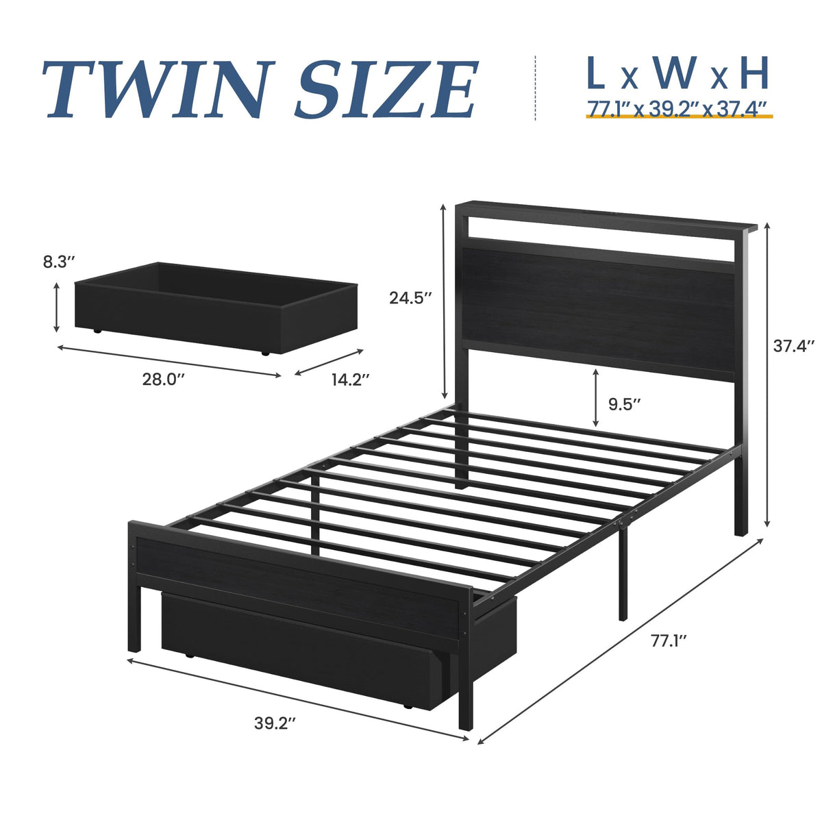 Twin Bed Frame with Storage Headboard & Drawer, Charging Station & LED Light, Black F269458