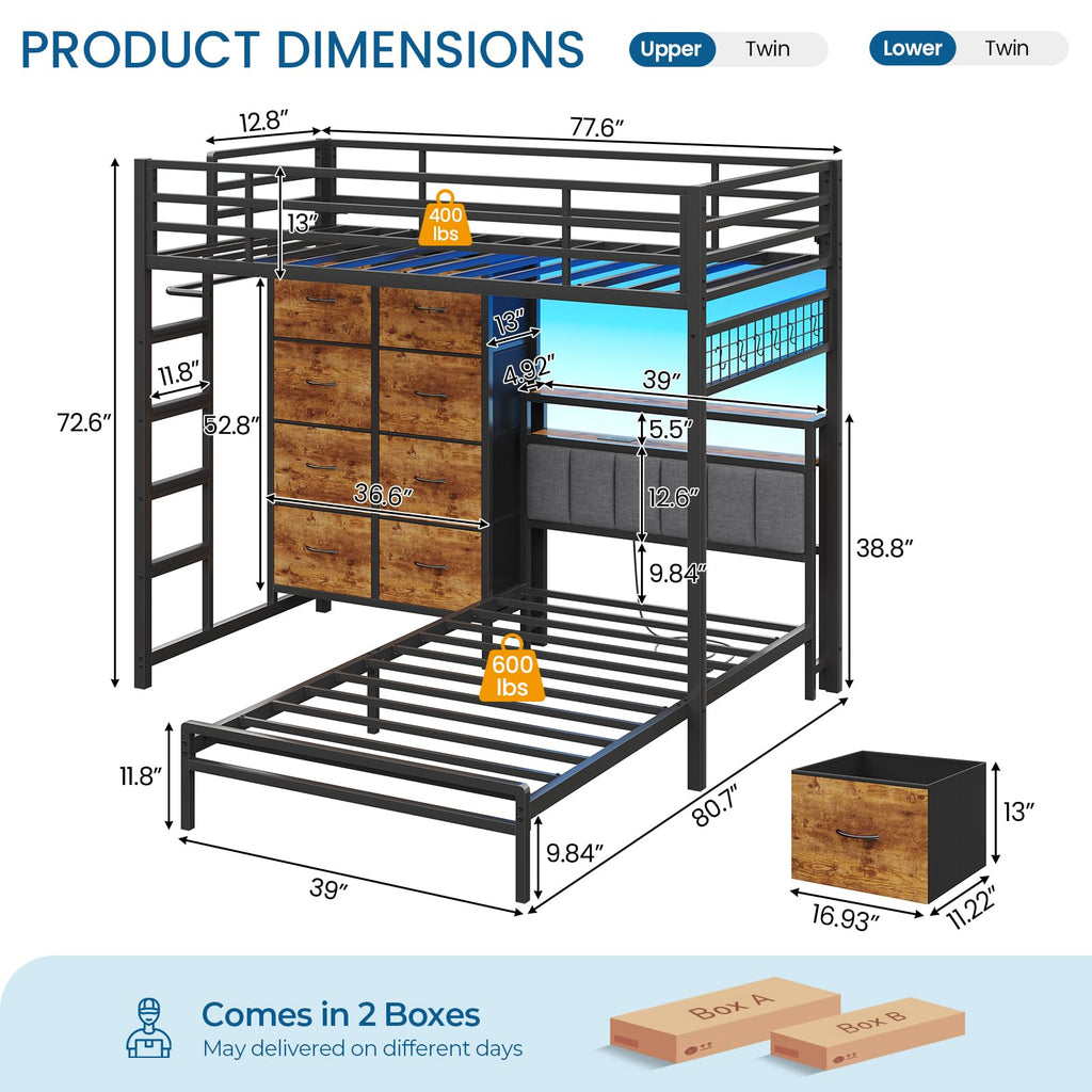 Twin Over Twin Bunk Bed with 8 Drawers and Storage Headboard Y77803