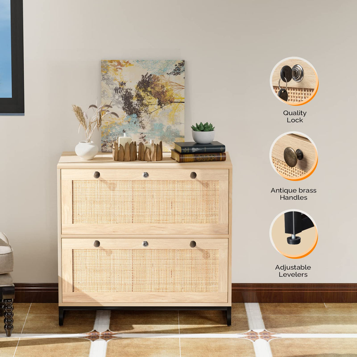 Oak Wood Rattan 2 Drawer Lateral File Cabinet with Lock C86536